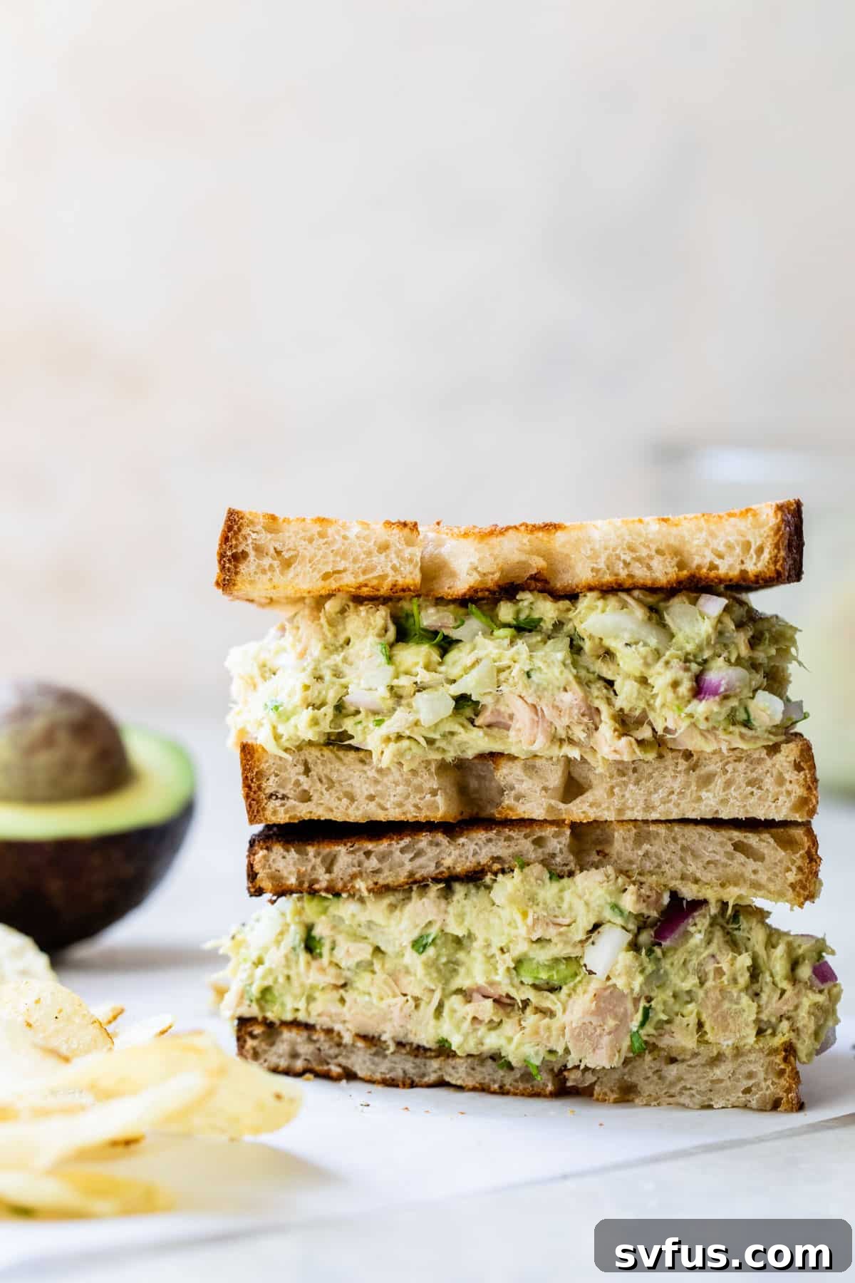 side view of avocado tuna salad on a sandwich