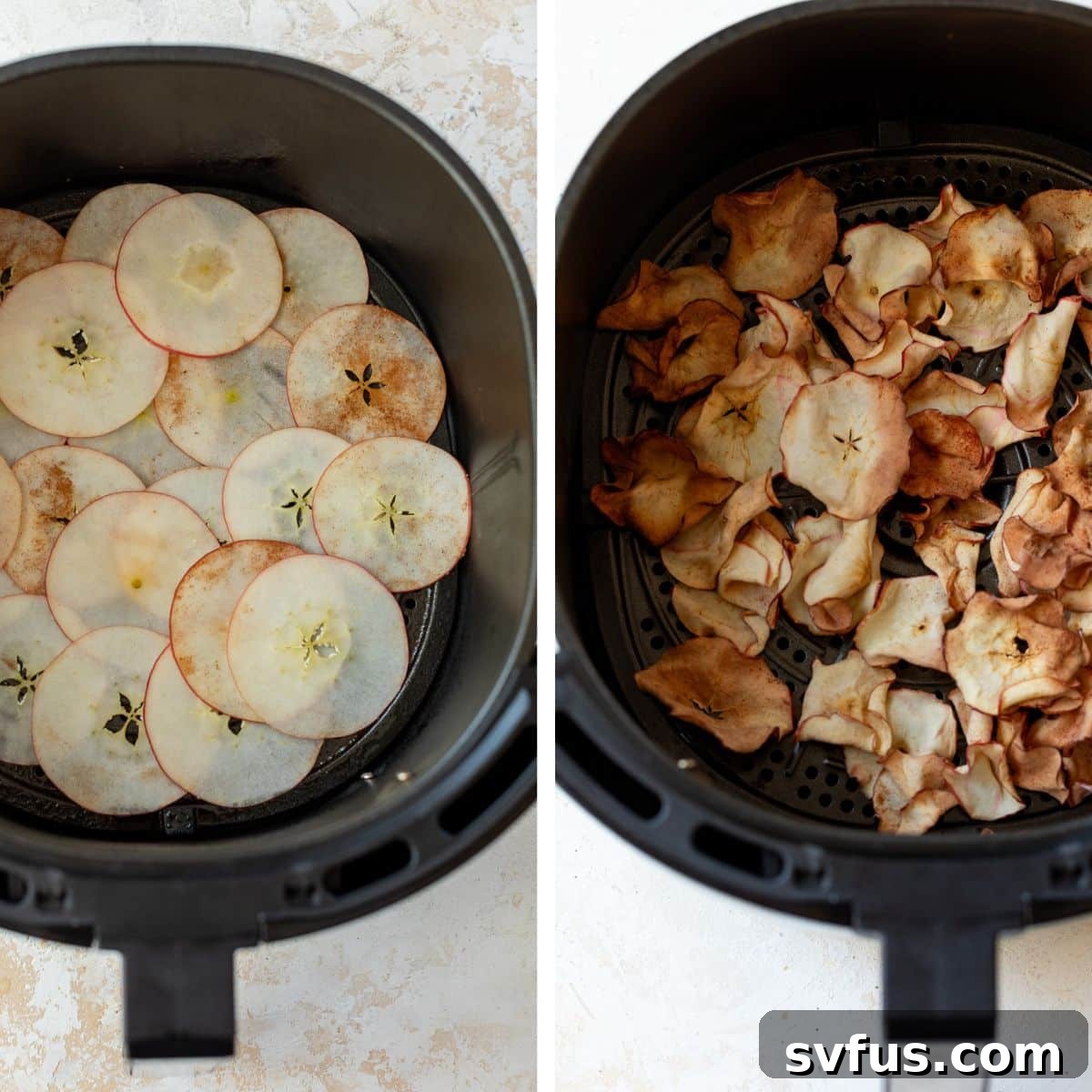 Two images side by side: the left shows raw apple slices arranged in an air fryer basket, and the right shows the finished, golden-brown apple chips after air frying.