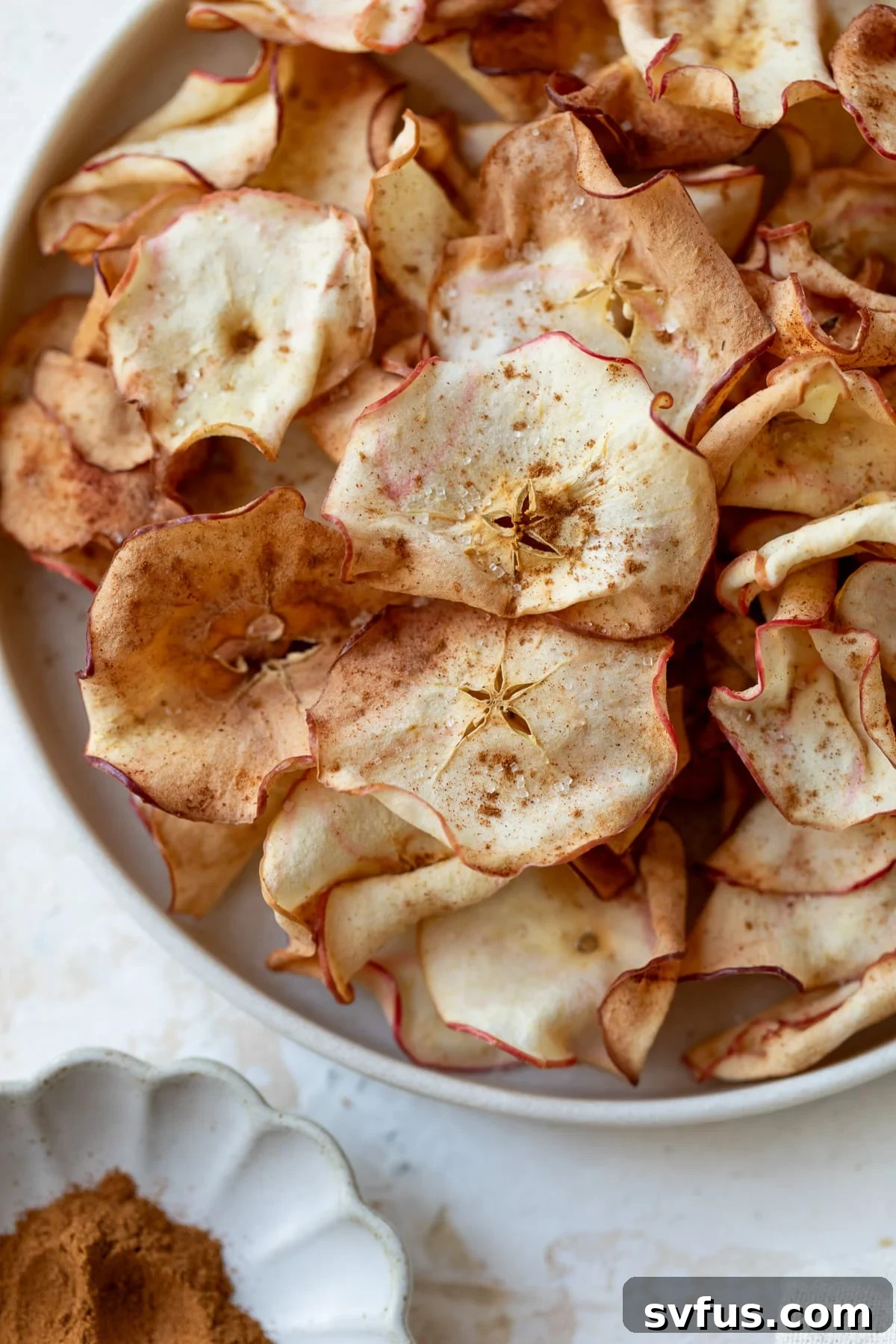 A close-up view of cinnamon sugar air fryer apple chips piled high in a rustic bowl, showcasing their golden crisp texture.