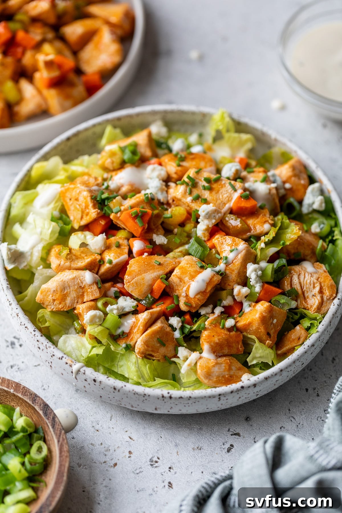 Another view of the healthy Buffalo Chicken Salad in a bowl