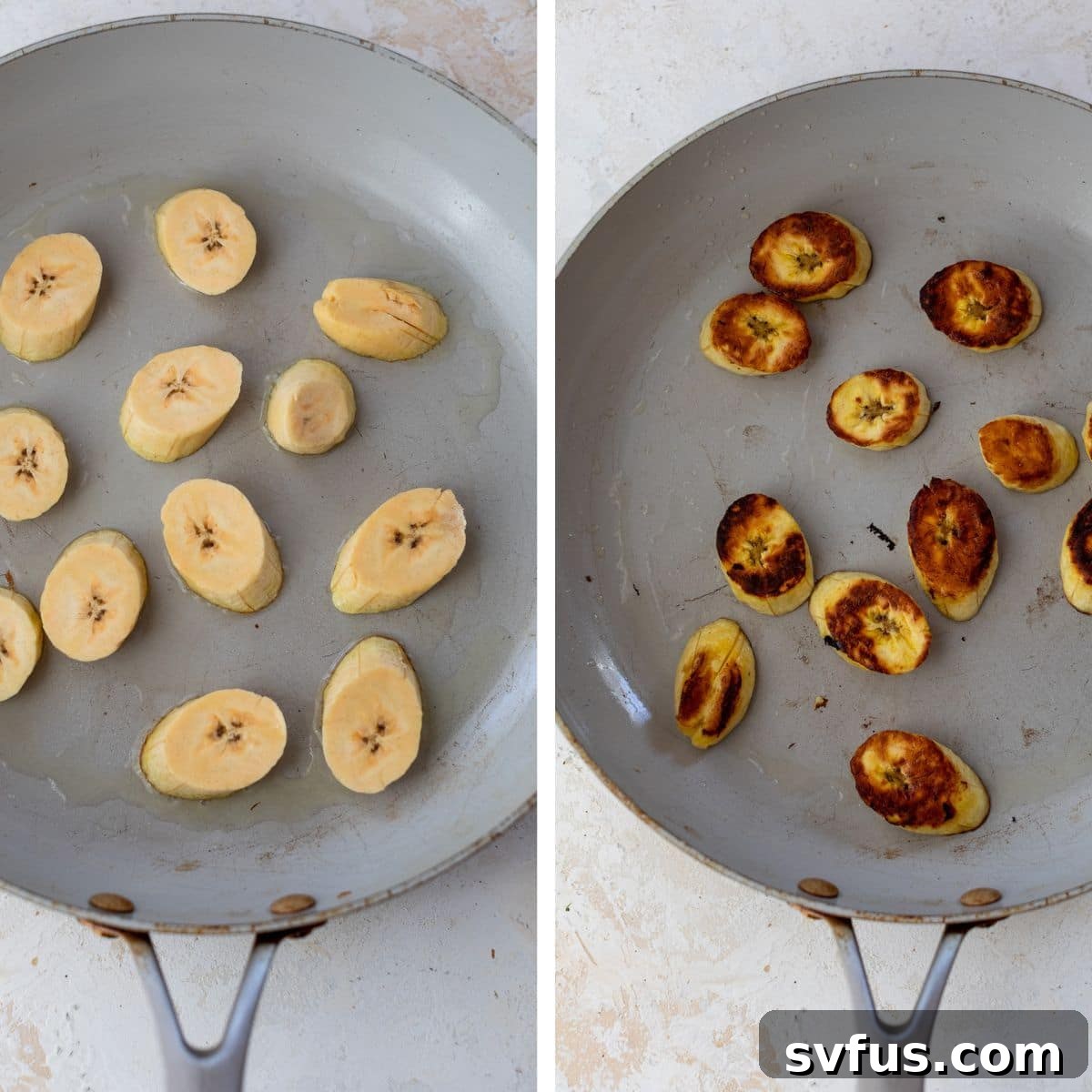 2 images: the left image shows plantain slices in a skillet and the right image shows plantain slices frying in a skillet