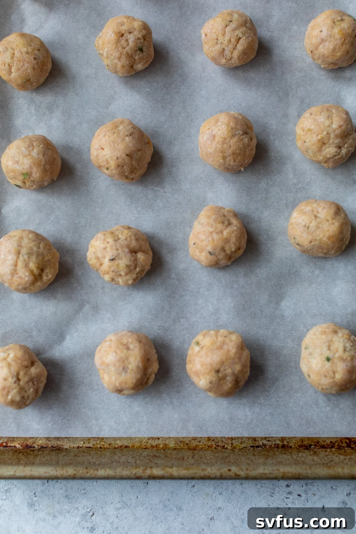 meatball mixture rolled into balls and placed on a parchment paper lined baking sheet
