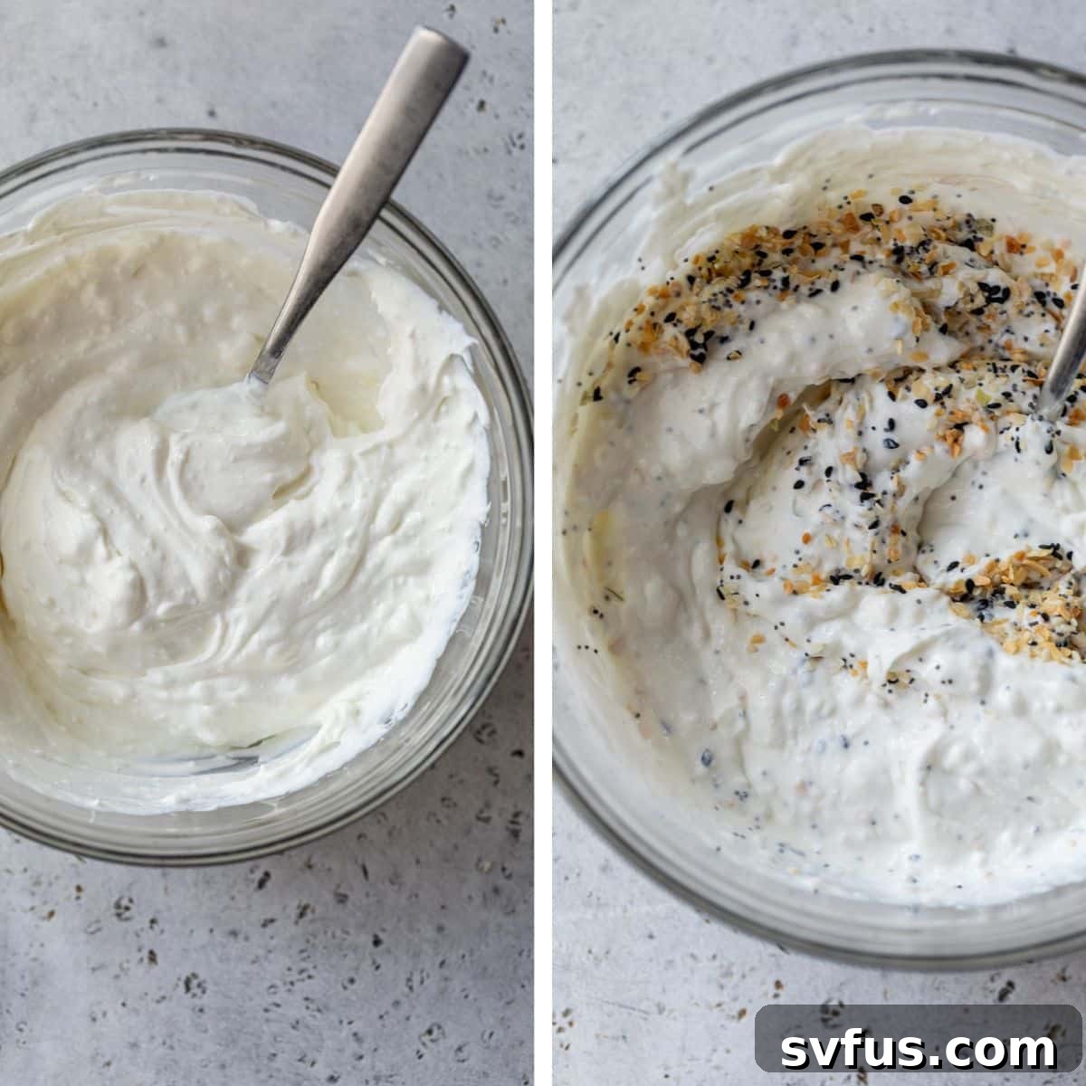 Two images side by side: the left shows cottage cheese, greek yogurt, and cream cheese mixed together in a glass bowl with a spoon, while the right image shows everything bagel seasoning being added to the mixture.