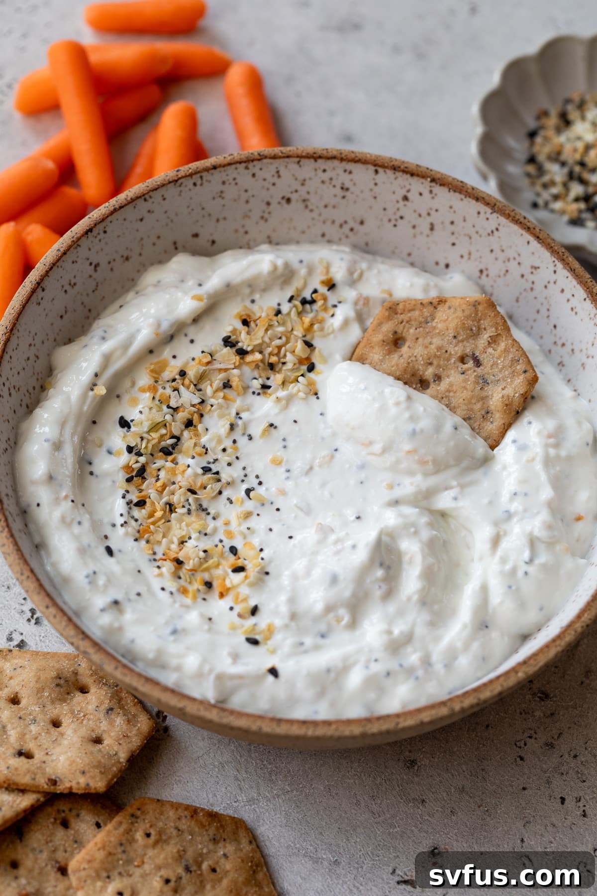 A bowl of everything bagel dip artfully presented with a cracker and fresh carrots on the side, ready for serving.