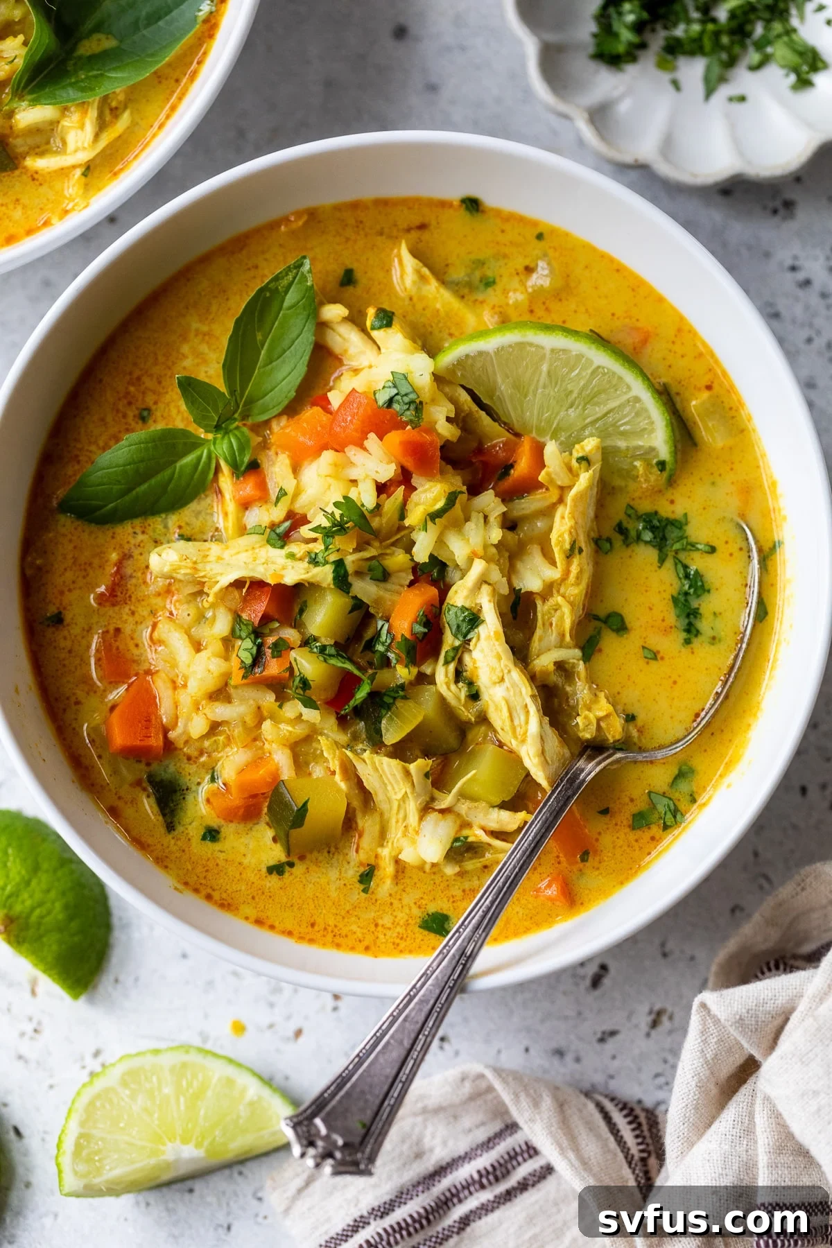 chicken curry soup in a bowl with a spoon