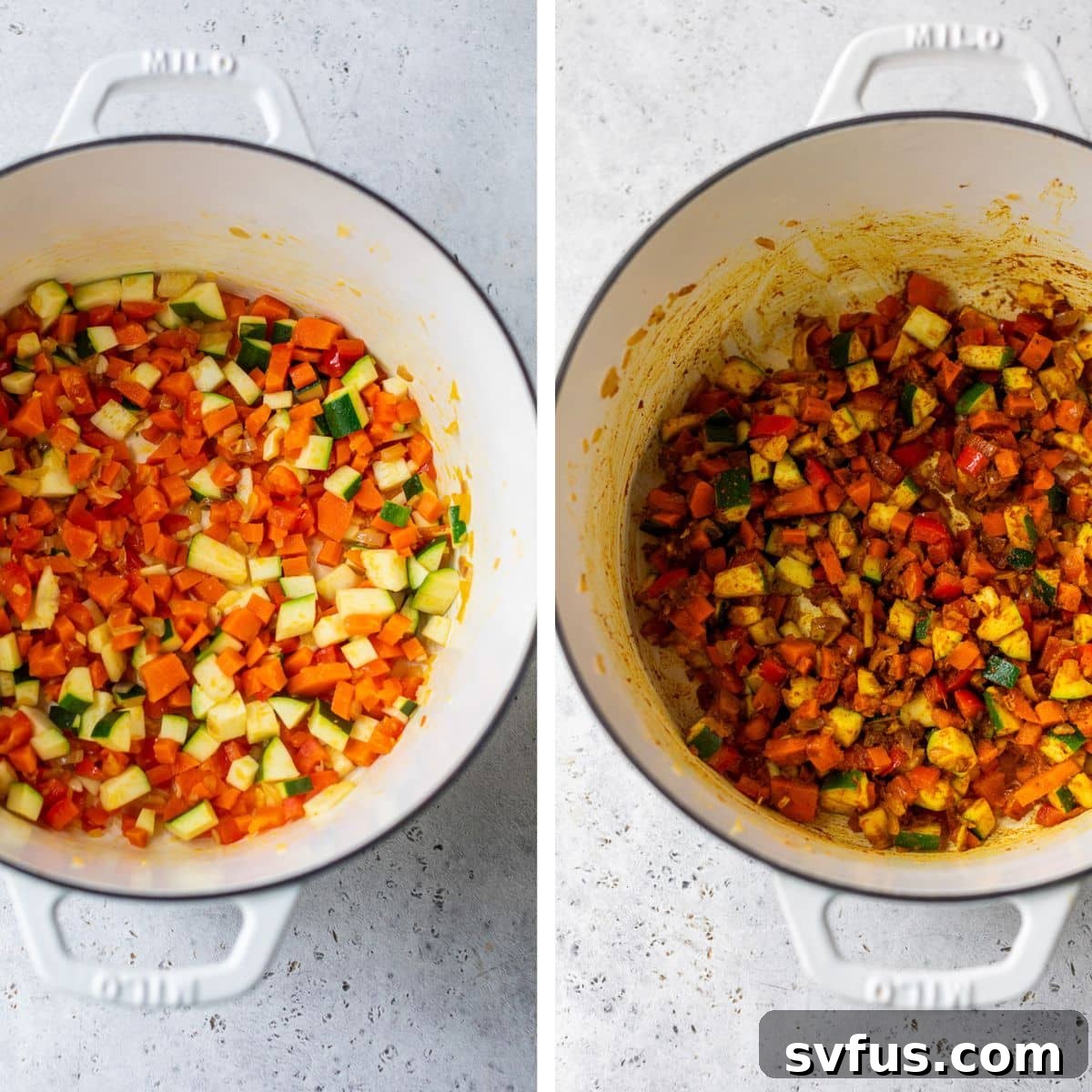 2 images: the left image shows carrot, shallot, red bell pepper, and zucchini added to a dutch oven and the right image shows those vegetables cooked in a dutch oven