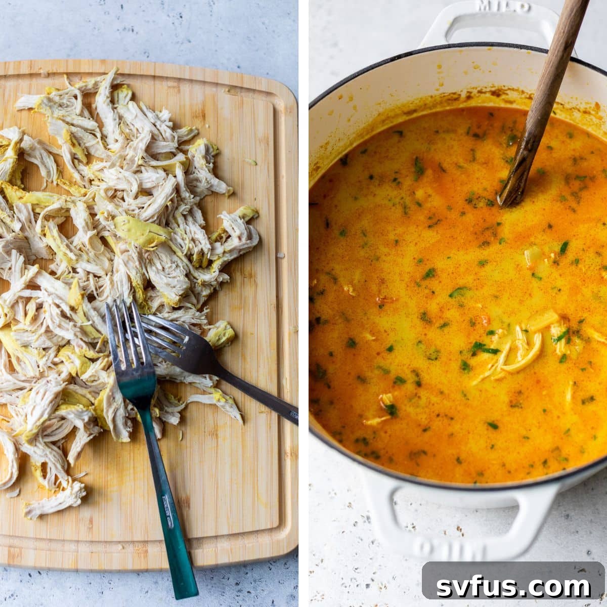 2 images: the left image shows chicken shredded with two forks on a cutting board and the right image shows the chicken added to the soup in a dutch oven