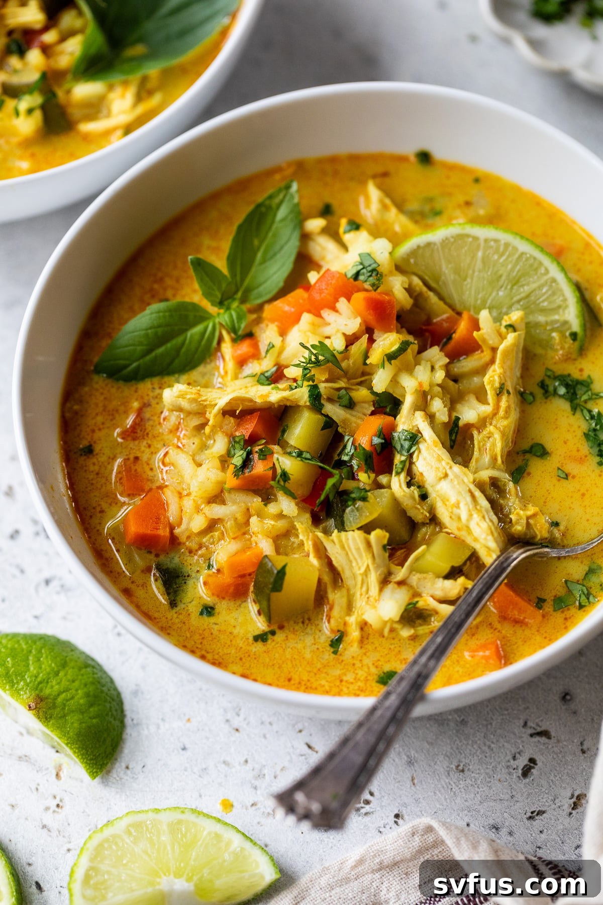 chicken curry soup in a bowl with a spoon