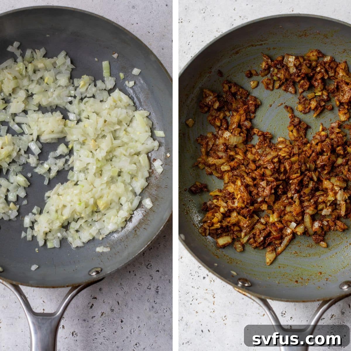 Two side-by-side images showing the initial cooking steps: the left image shows diced onions sizzling in melted vegan butter in a skillet, while the right image shows a hand adding a vibrant mix of Indian spices to the softened onions, creating a fragrant base for the curry.
