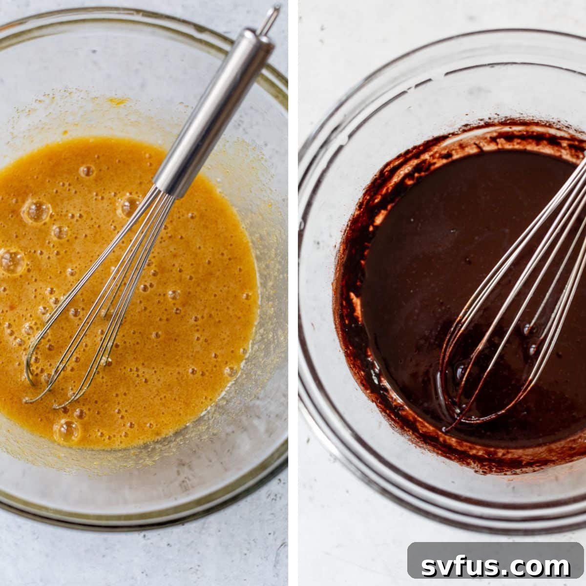 Side view of two glass bowls; one with whisked eggs and sugar, and the other with melted chocolate being added.