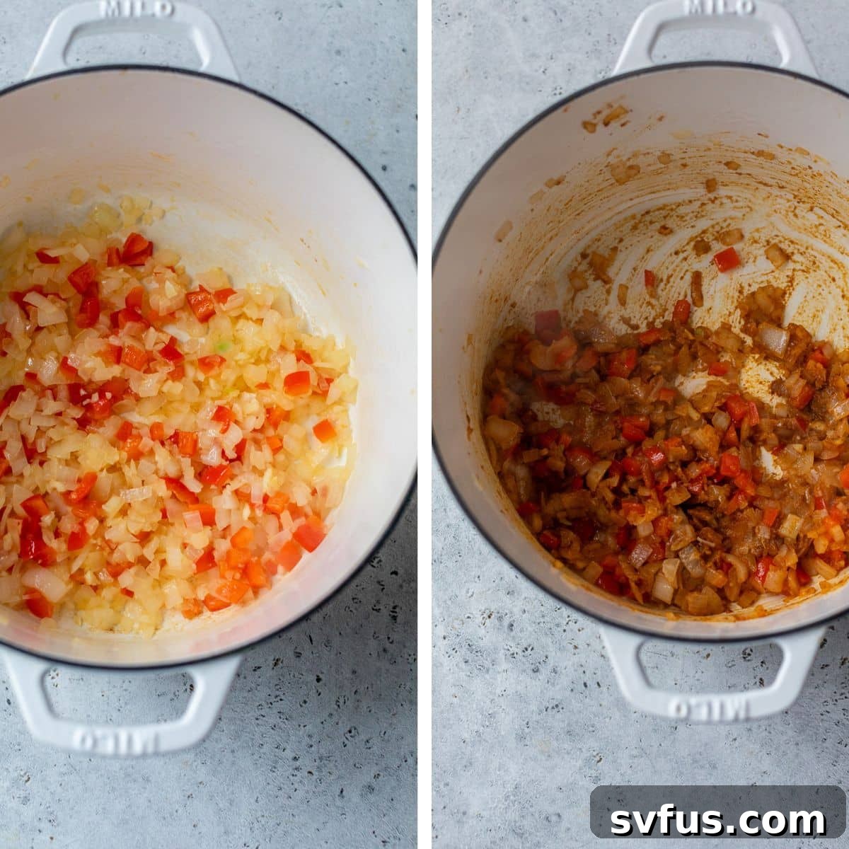 2 images: the left image shows diced onion and bell pepper cooking in a dutch oven and the right image shows curry powder and spices added to the onion and bell pepper