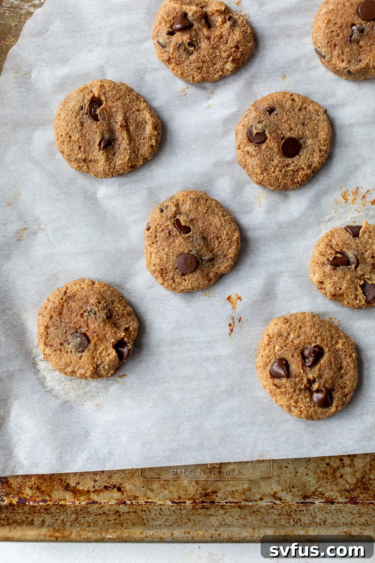 overview of baked protein cookies cooling on a baking sheet