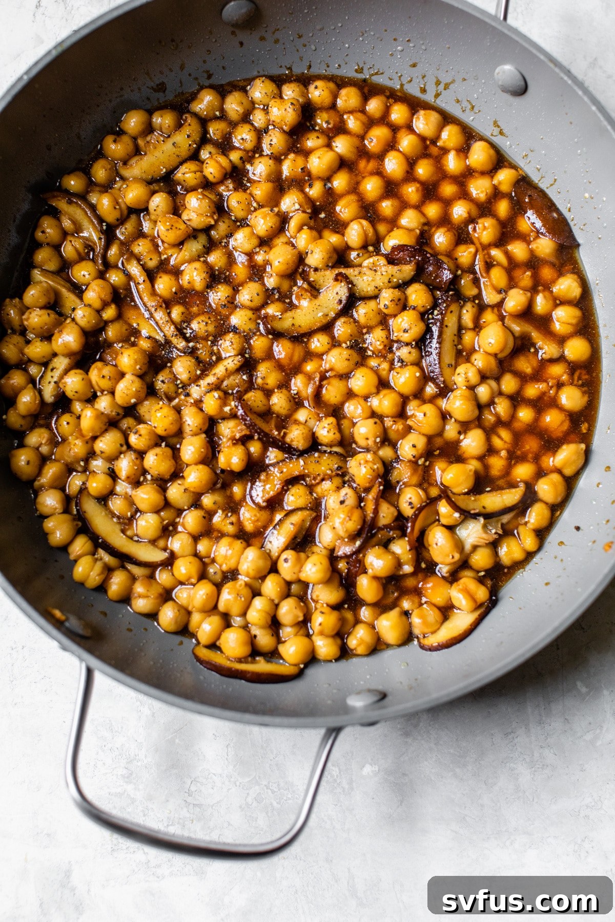 marinated chickpeas in a skillet