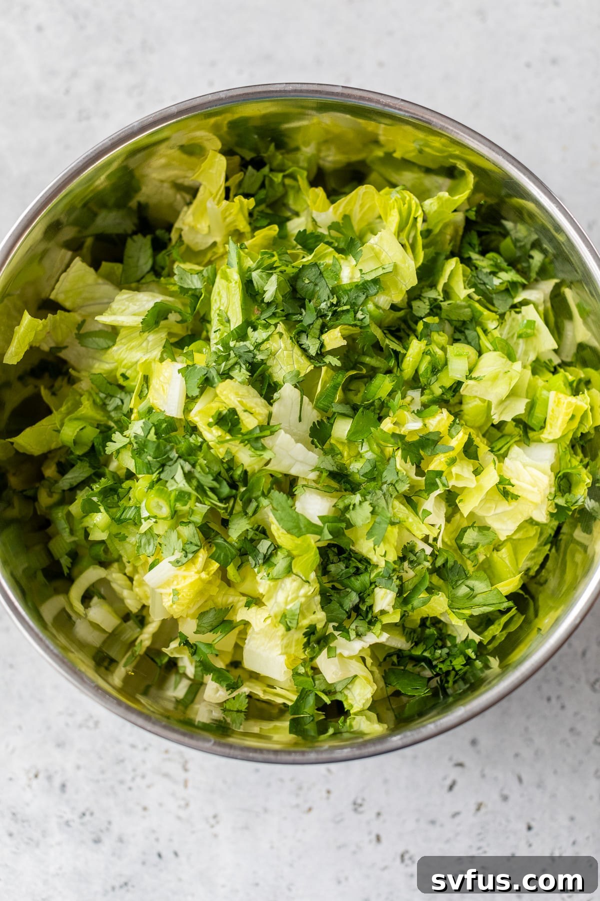 Chopped romaine lettuce, cilantro, and green onions in a large mixing bowl.