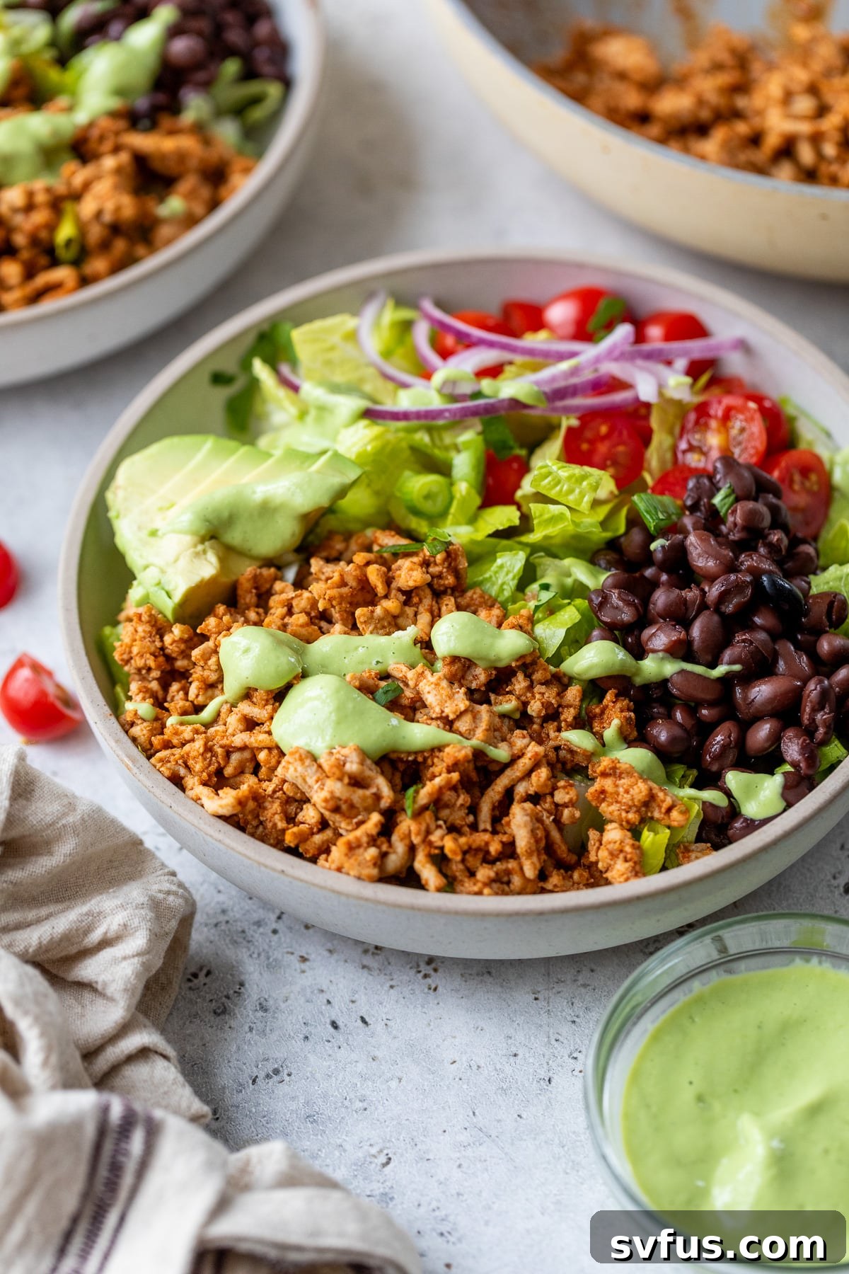A fully assembled Southwest Chicken Bowl, ready to be enjoyed.