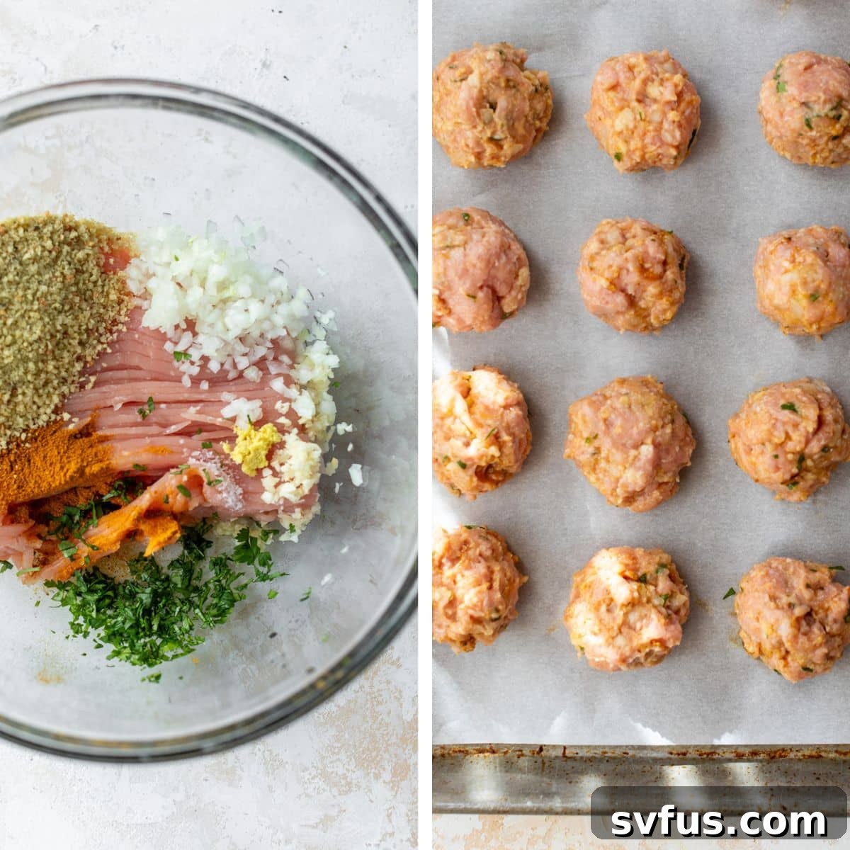 2 images: the left image shows all ingredients added to a glass bowl and the right image shows meatballs formed and placed on a parchment lined baking sheet