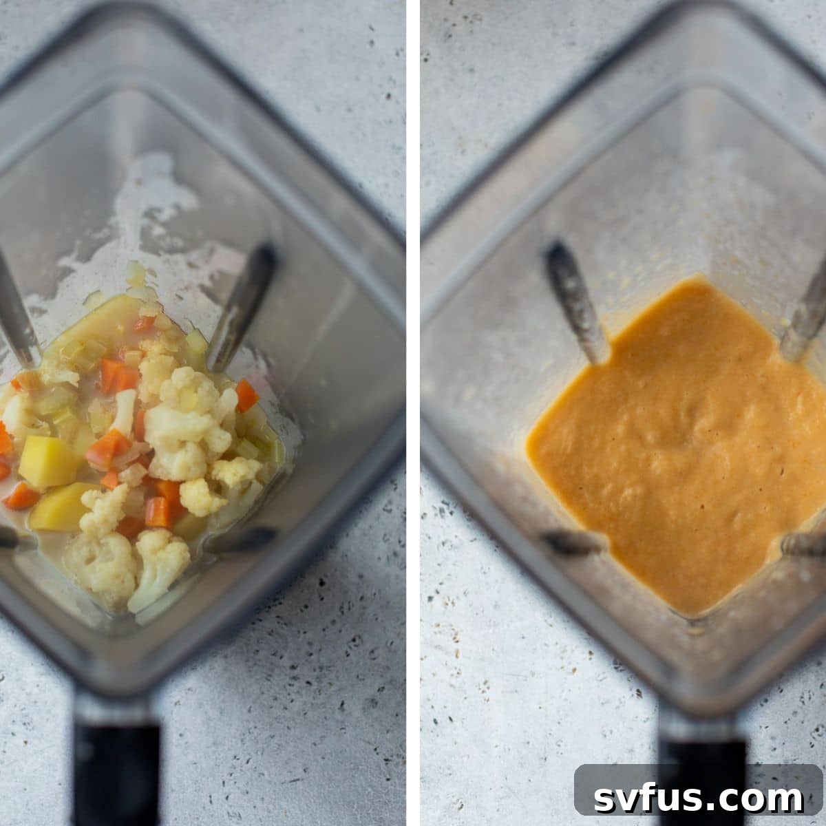 2 images: the left image shows vegetables and milk added to a blender and the right image shows those ingredients blended