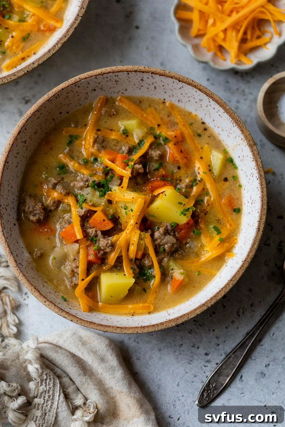 cheeseburger soup in a bowl