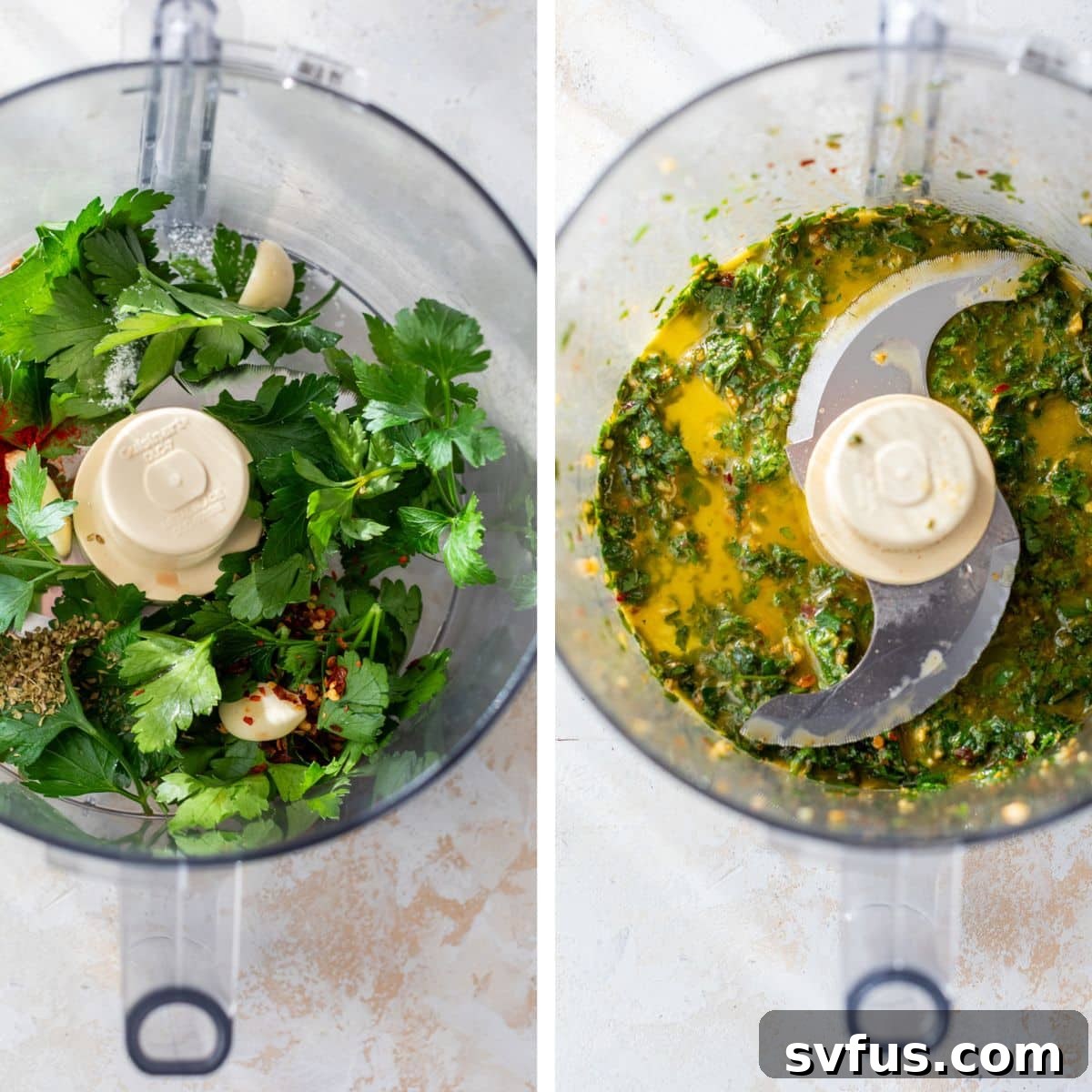 2 images: the left image shows all ingredients added to a food processor and the right image shows the ingredients blended together