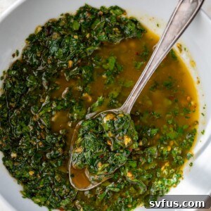 homemade chimichurri sauce in a bowl with a spoon