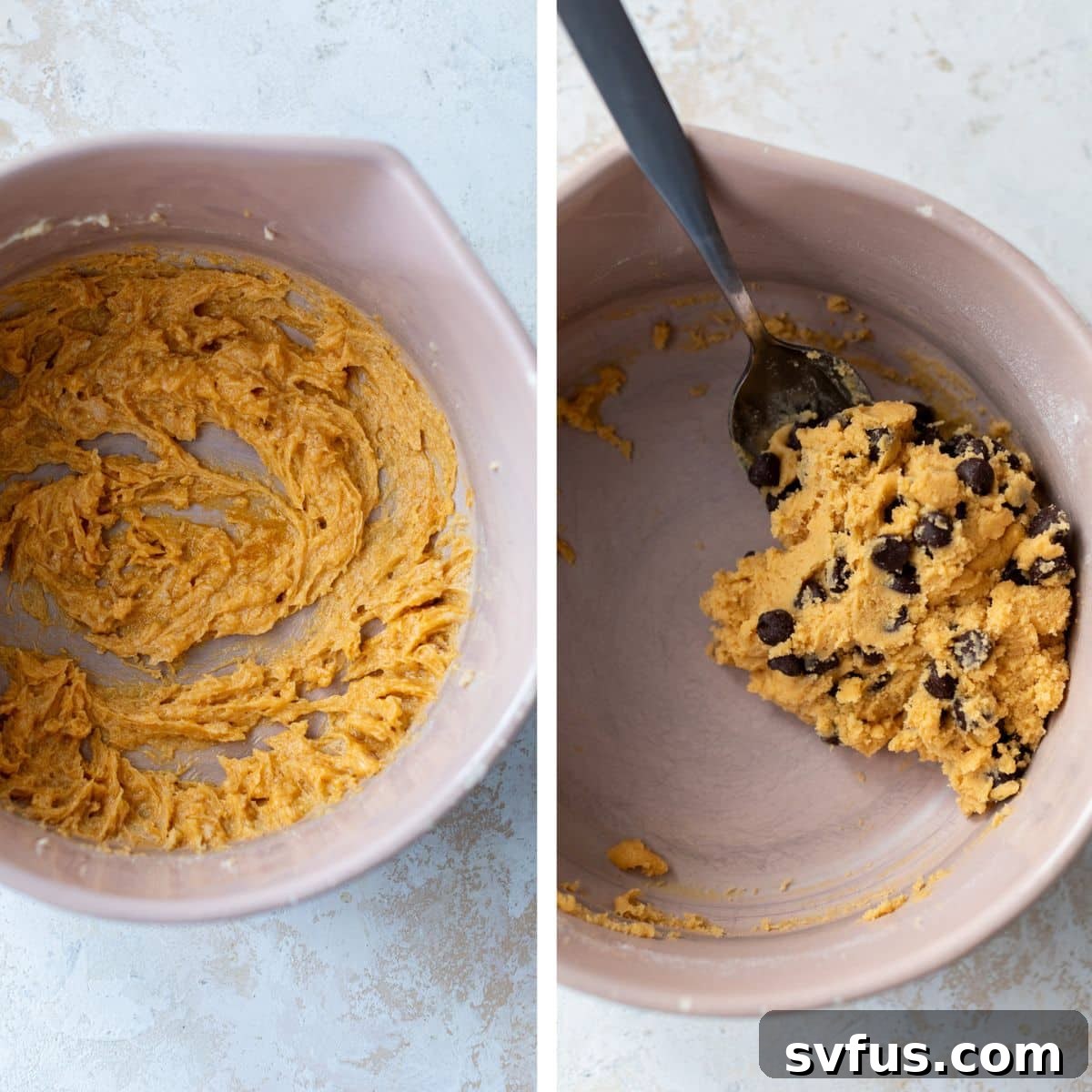 Two images side by side. The left image shows chocolate chip cookie batter in a mixing bowl. The right image shows chocolate chips being added to the batter with a spoon.