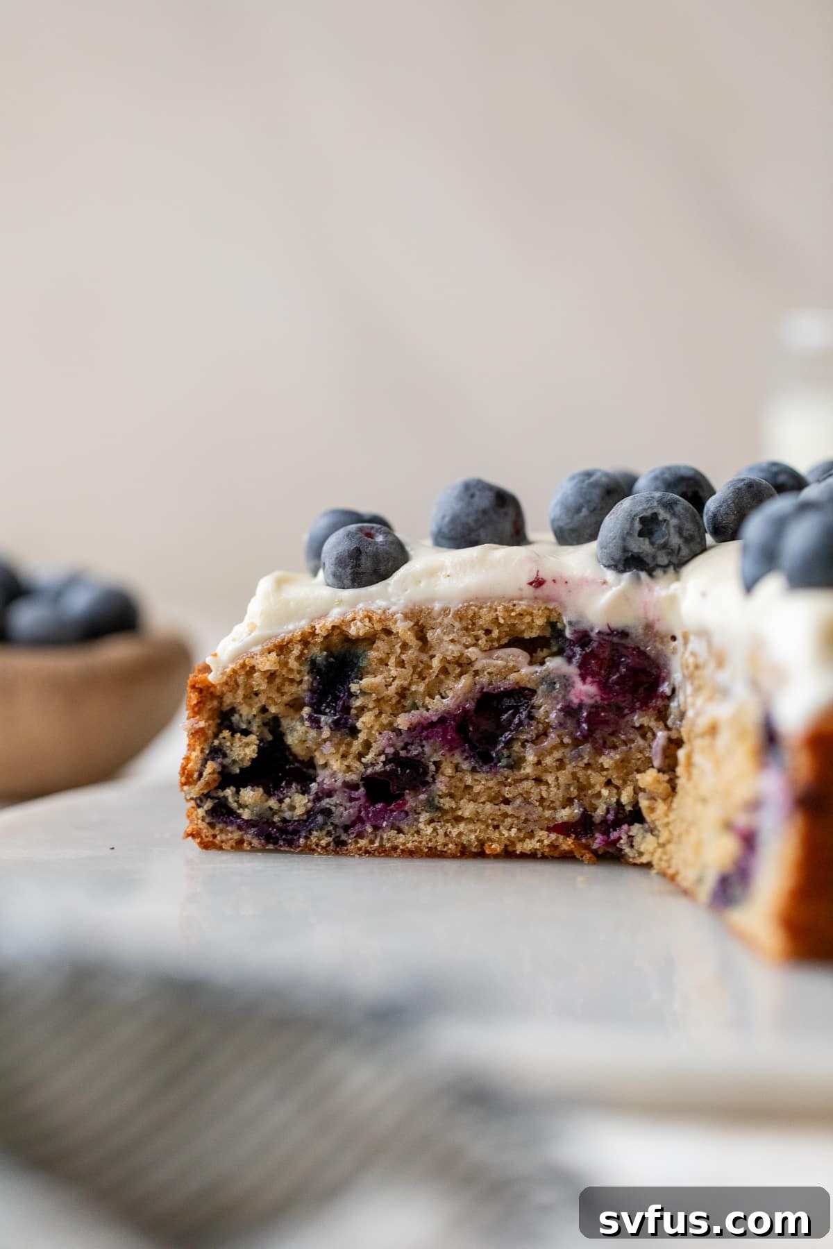 side view of blueberry cake with a slice taken out