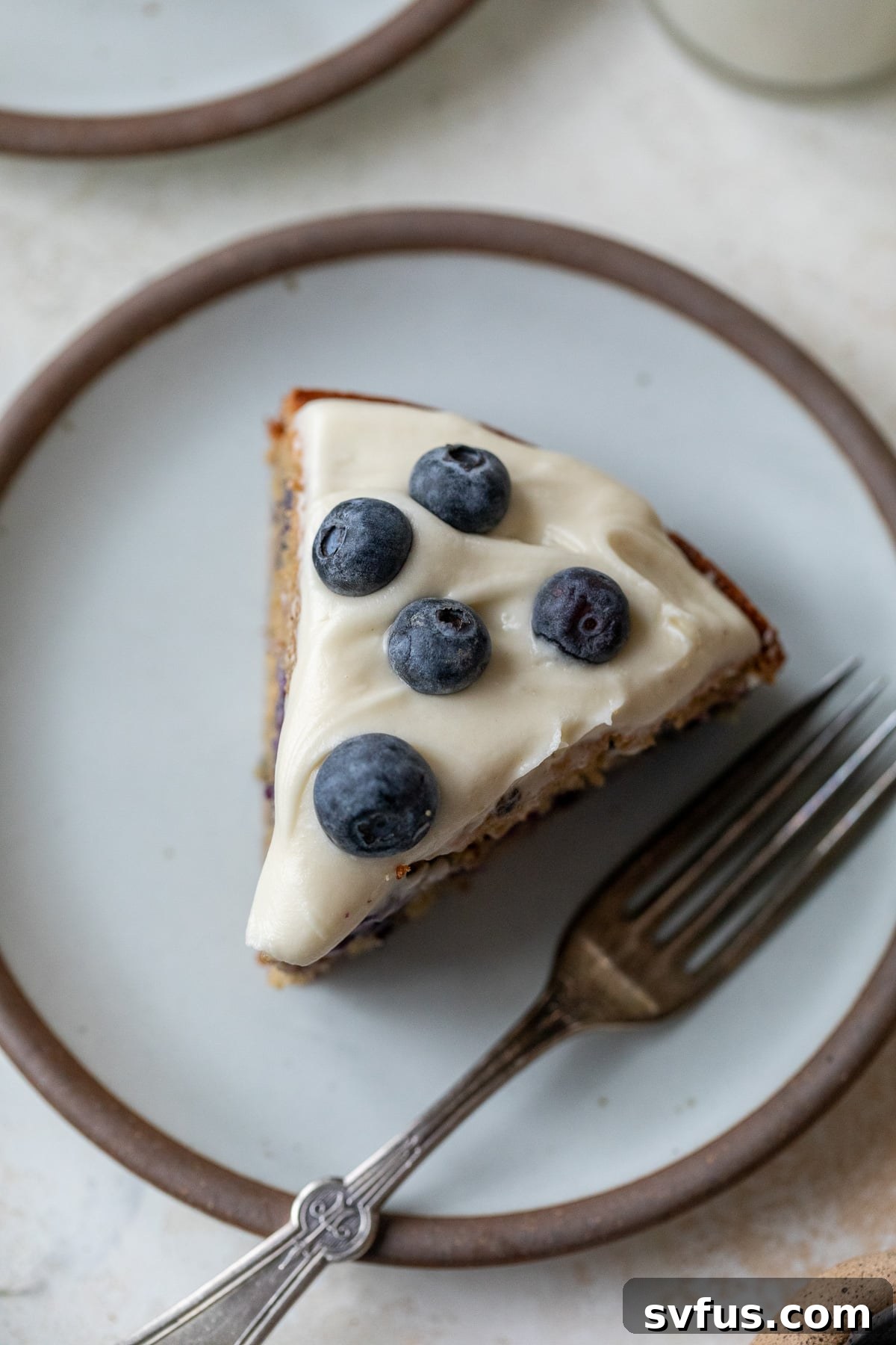 overview of a slice of blueberry cake on a plate with a fork