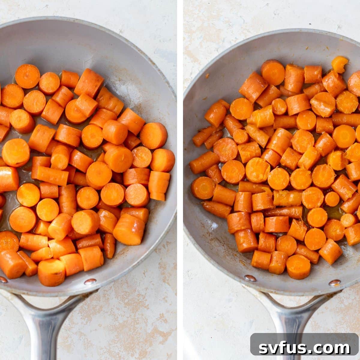 Two images side-by-side: The first shows freshly chopped carrots added to a skillet with butter and salt, while the second shows the carrots cooking gently in the skillet, softening.