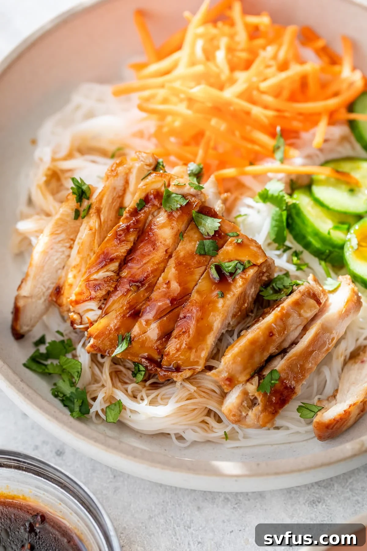 Sliced lemongrass chicken served over rice noodles, garnished with fresh herbs and vegetables.