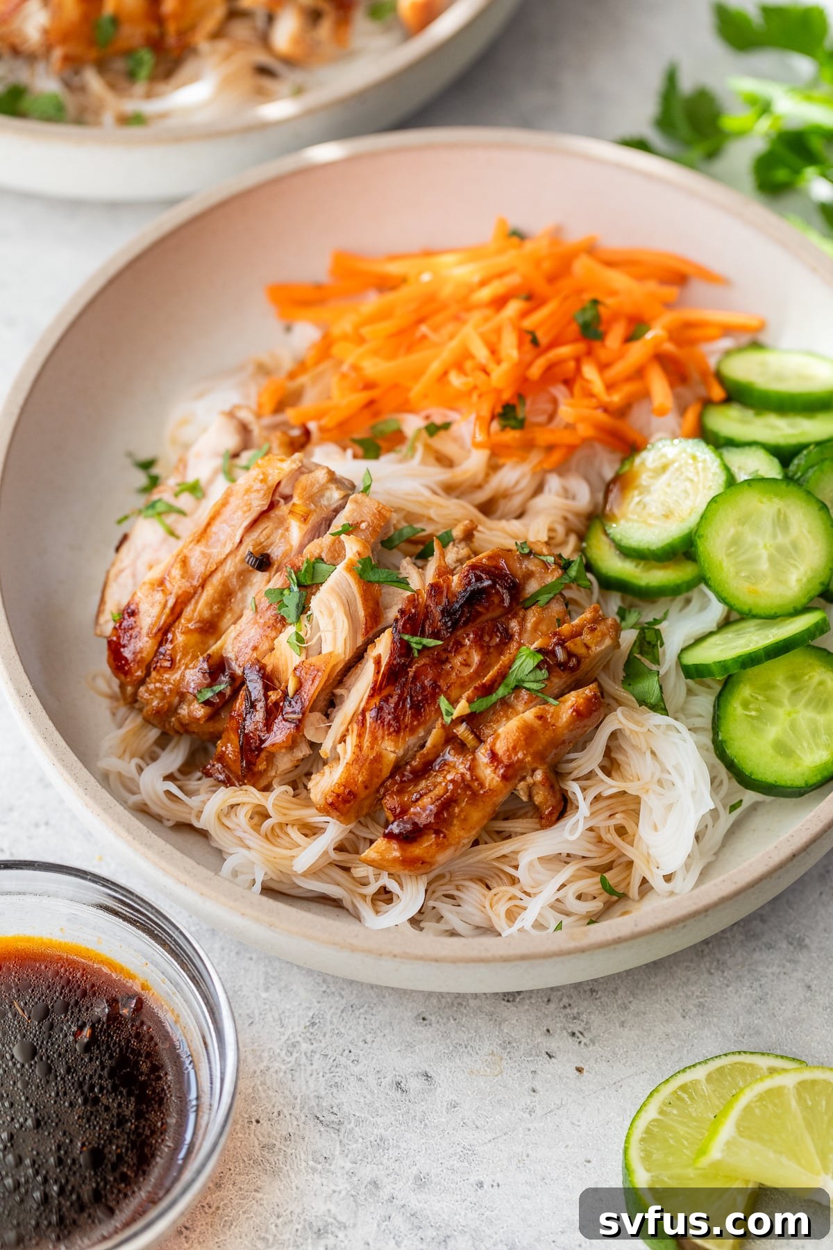 Sliced lemongrass chicken beautifully arranged over rice noodles with shredded carrots and sliced cucumber.