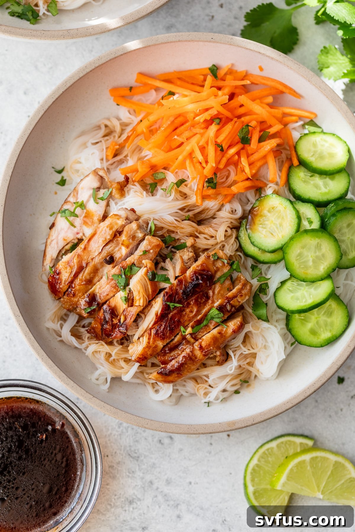 Close-up of sliced lemongrass chicken served over rice noodles with garnishes.