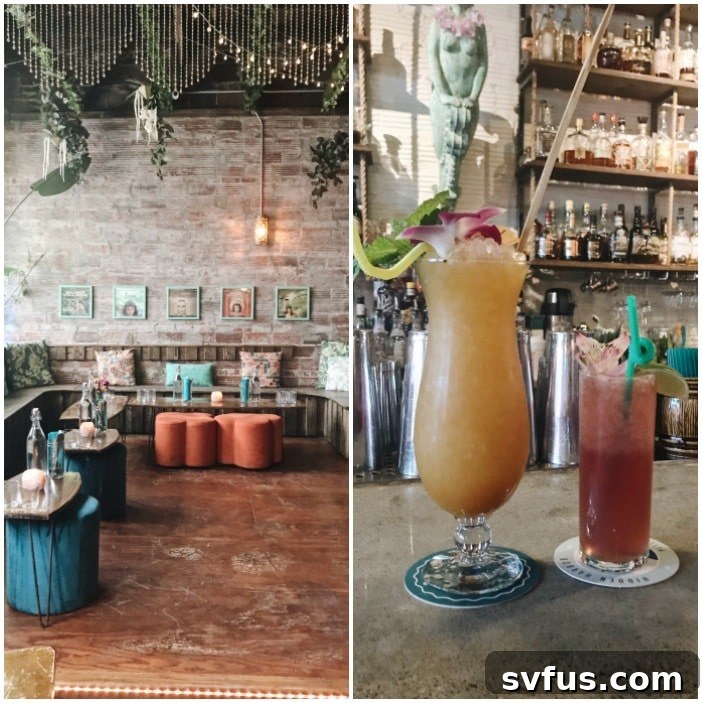 Hidden Harbor's tropical-themed bar interior with colorful drinks