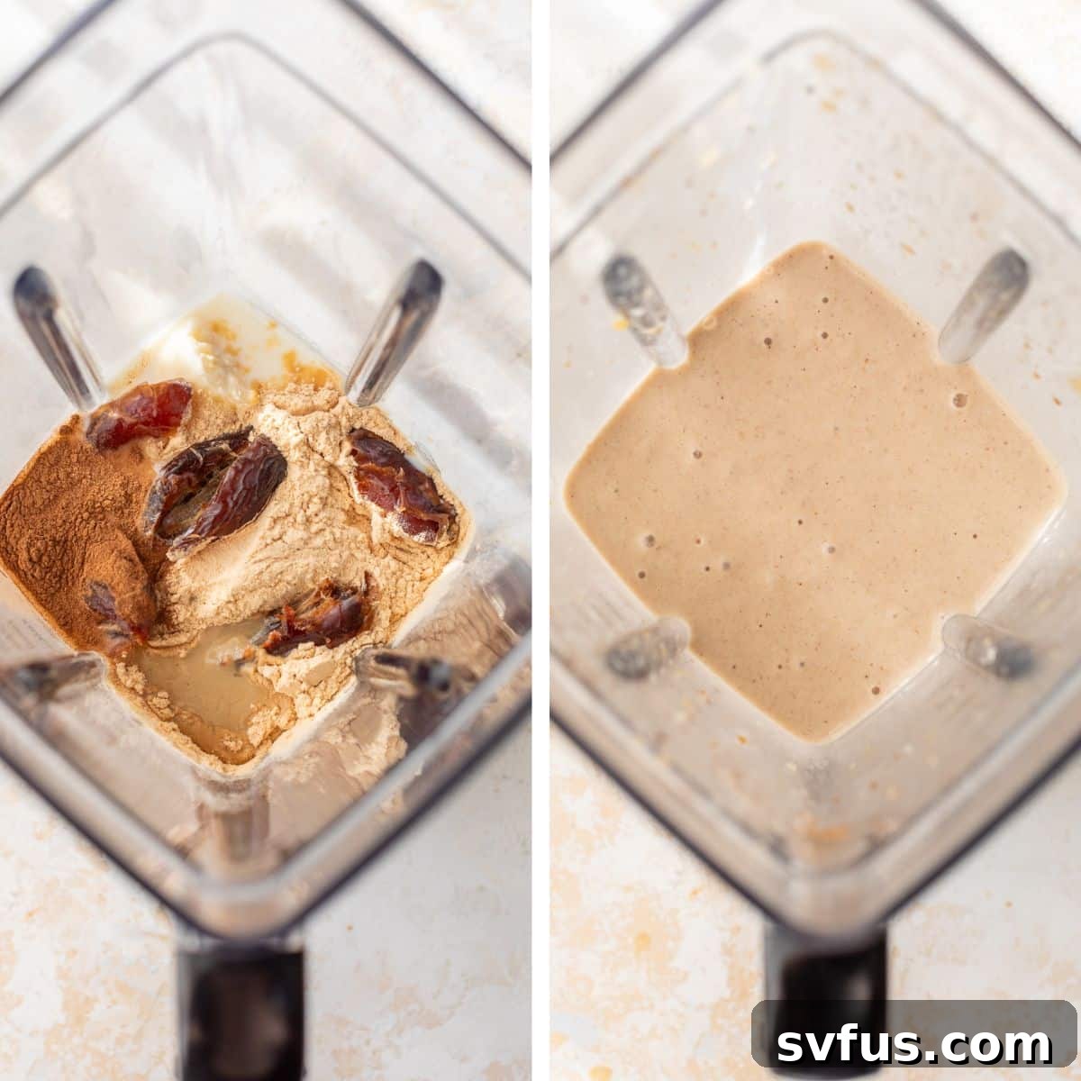 Two images side by side: the left image shows all date smoothie ingredients added to a blender, and the right image shows them blended together into a smooth consistency.