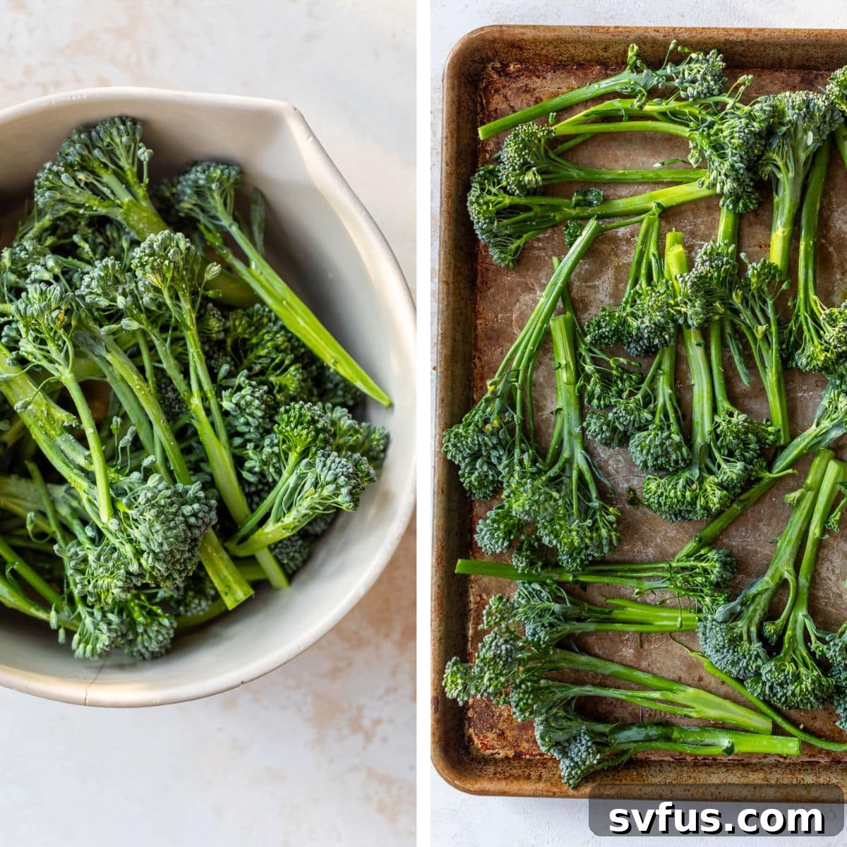 Two images: The first shows chopped broccolini tossed with olive oil and salt in a large bowl. The second shows the seasoned broccolini spread evenly on a baking sheet, ready for roasting.