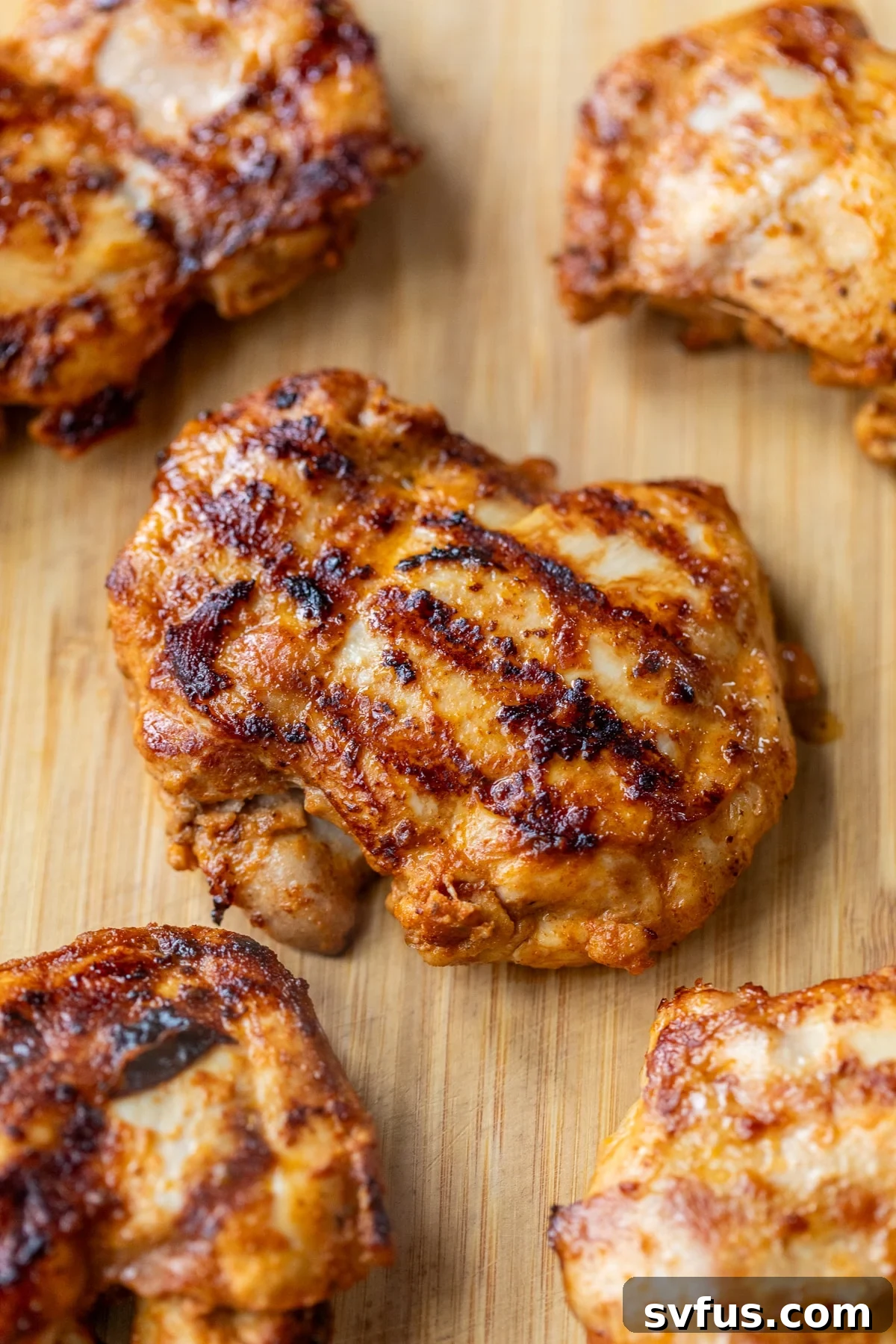 Close-up of perfectly grilled chipotle chicken thighs on a bamboo cutting board, garnished with fresh cilantro.