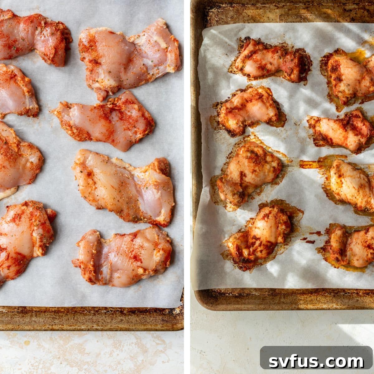 2 images: the left image shows chicken thighs placed on a parchment lined baking sheet and the right image shows baked chicken thighs on a baking sheet