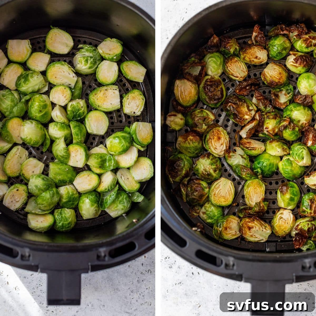 Two images: left shows seasoned Brussels sprouts arranged in an air fryer basket, right shows the same sprouts cooked to a golden crisp