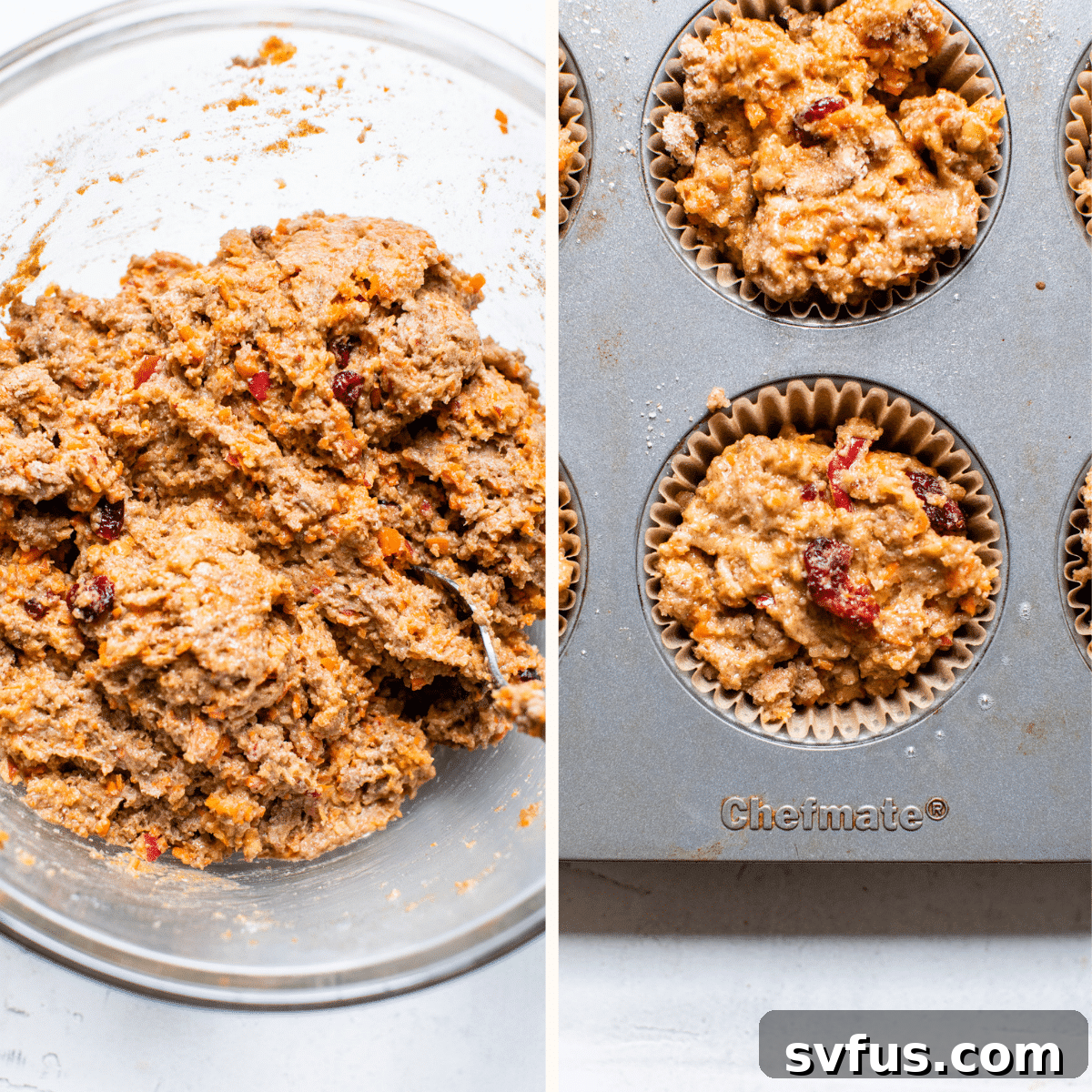 Muffin batter neatly divided into muffin liners within a muffin tin, ready for baking.