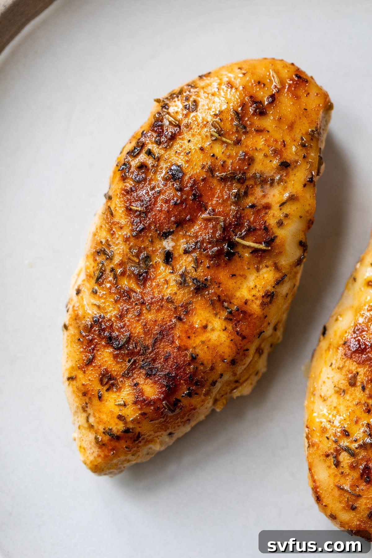 close up on a slow cooked chicken breast.