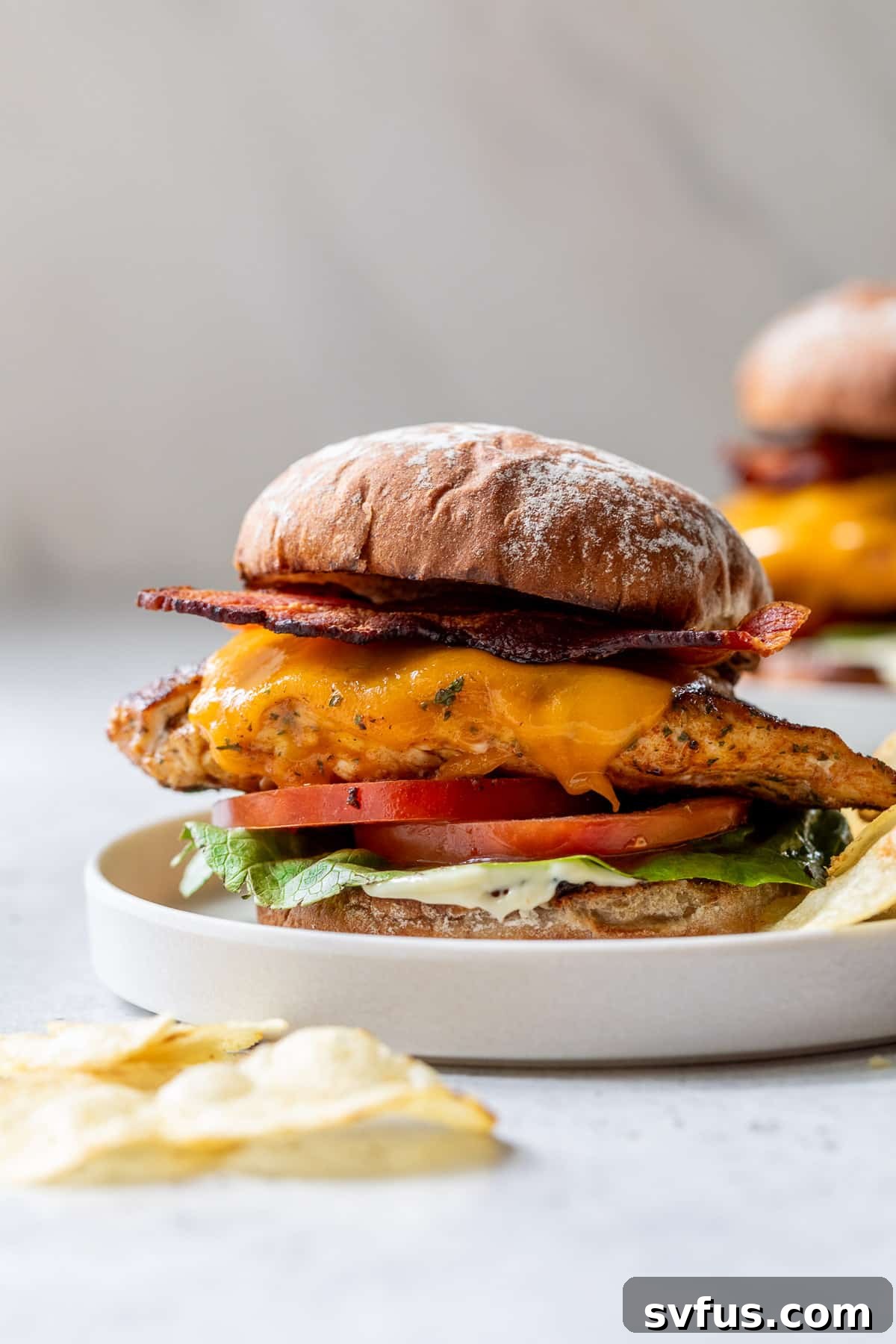 Another enticing view of the Grilled Chicken Sandwich, perfectly composed with grilled chicken, melted cheese, crispy bacon, fresh lettuce, and tomato, served on a white plate, inviting a delicious experience.