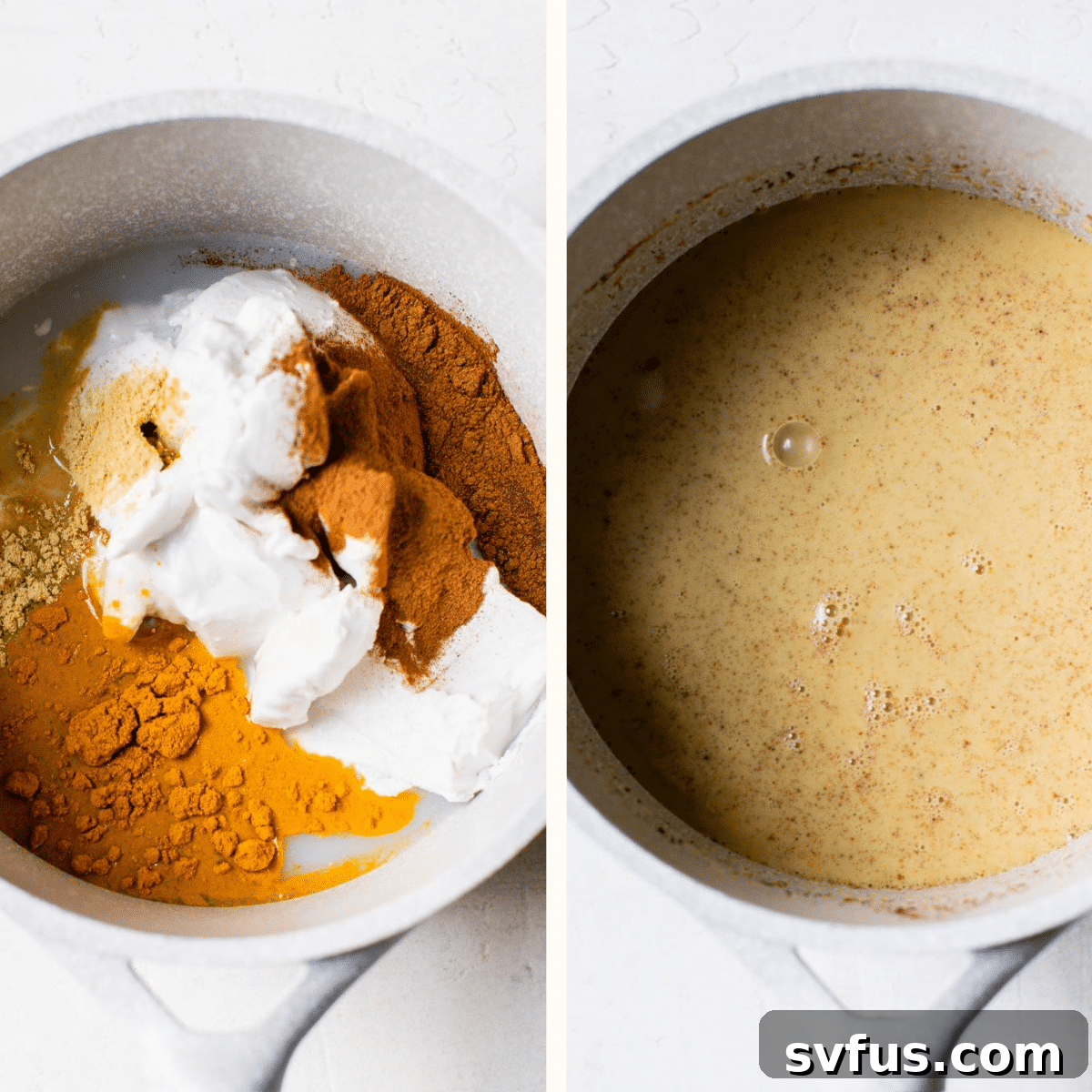 Coconut milk and spices heating in a saucepan