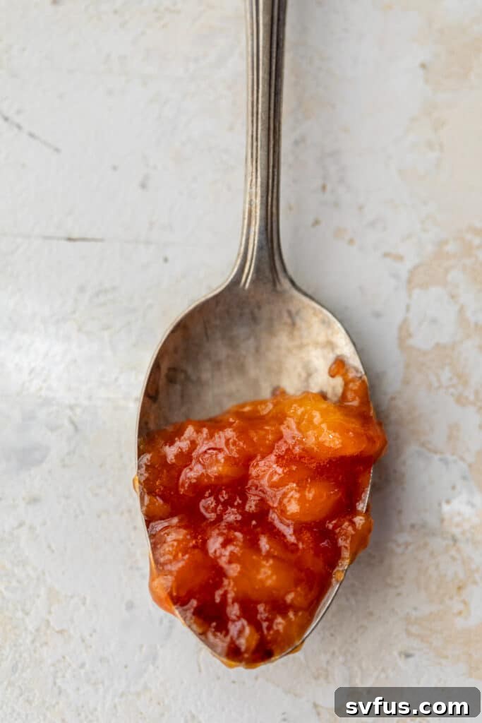 Close-up of a spoonful of chunky peach preserves, showing the beautiful texture and pieces of fruit.