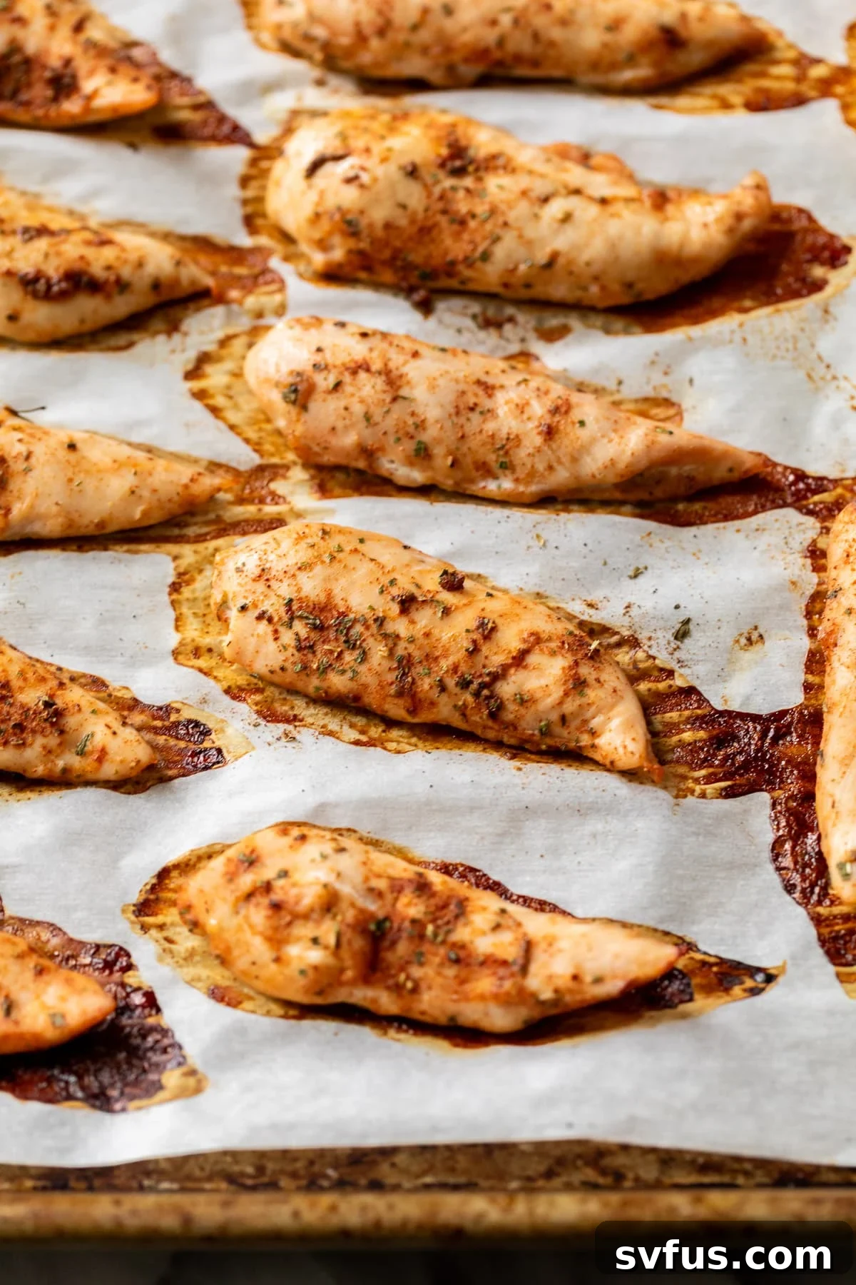 Perfectly baked, golden-brown seasoned chicken tenders arranged on a baking sheet, fresh out of the oven.