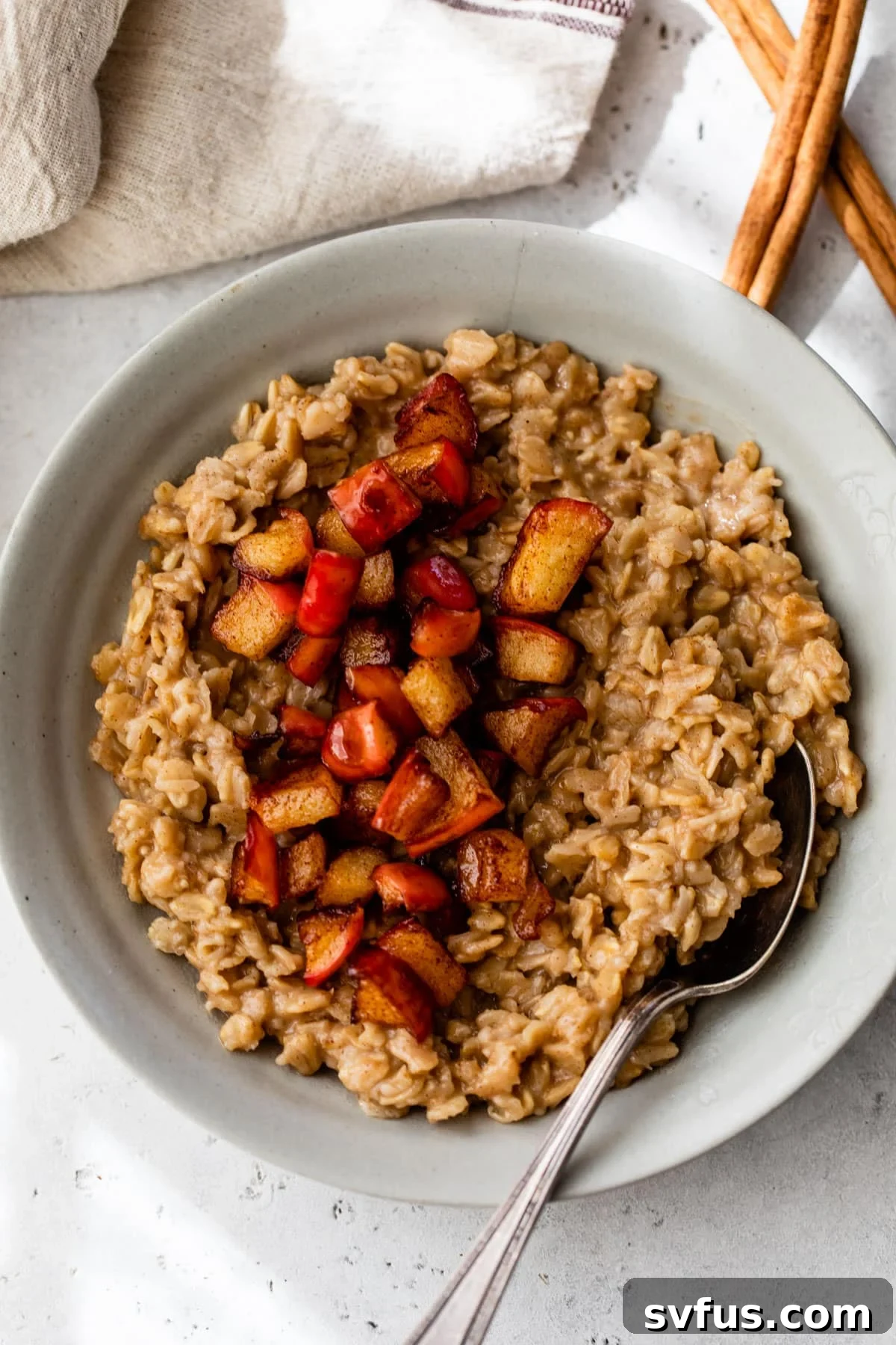 A gray colored bowl of cooked apple oatmeal, garnished with diced cooked apple, cinnamon stick, and a rustic linen. Perfect for a cozy fall breakfast.