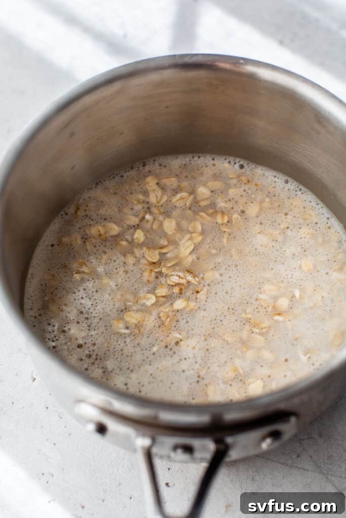 A small saucepan filled with milk, water, and uncooked rolled oats, ready to be simmered for oatmeal.