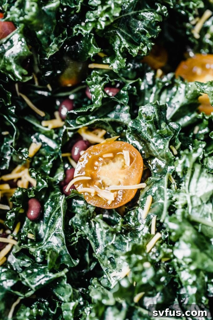 Kale salad topped with tomatoes, cheese, black beans, and avocado #tacosalad #salad
