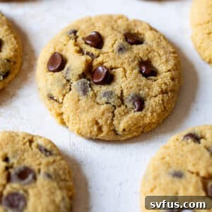Baked chocolate chip Coconut Flour Cookies on a white surface, featured in the recipe card.