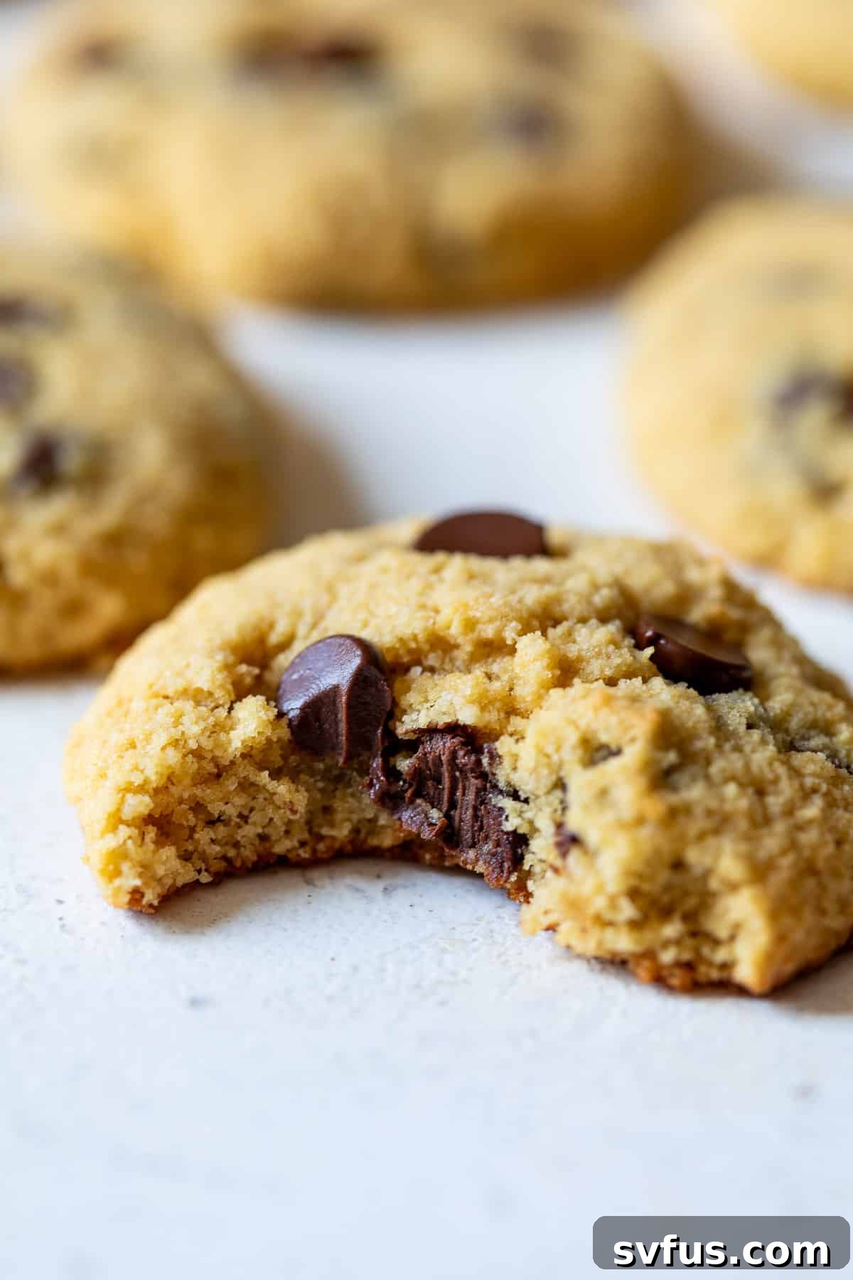 A close-up shot of a coconut flour cookie with a bite taken out, revealing its soft interior and melty chocolate chips.
