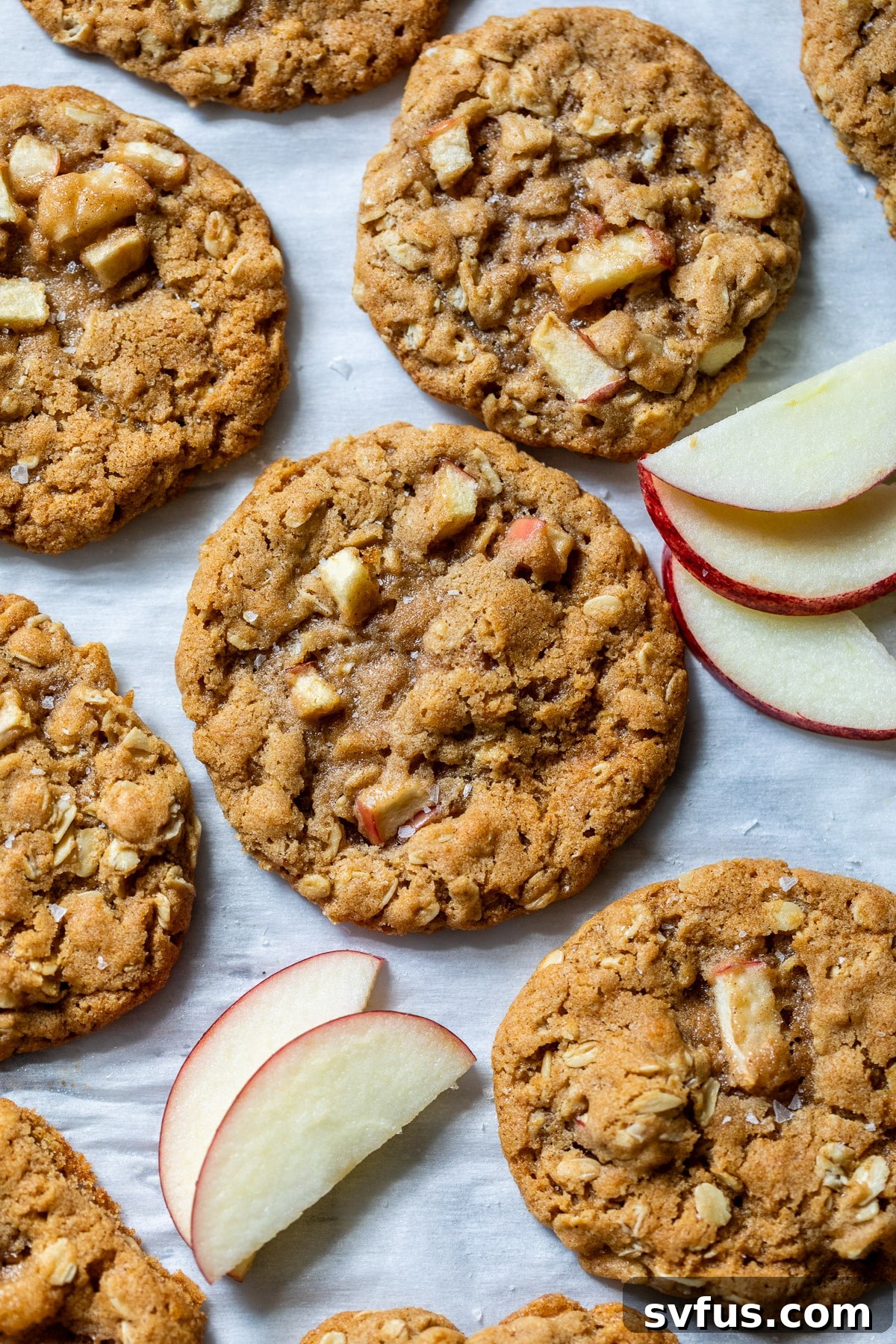 Close up on baked apple oatmeal cookies next to thin apple slices, ready for serving or storage.