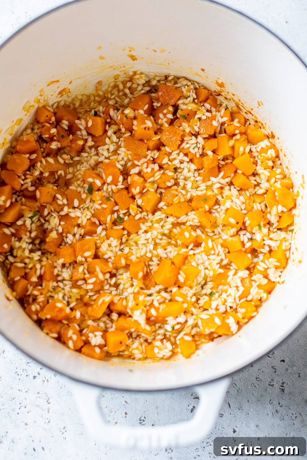 Risotto rice and cubed butternut squash simmering in a large pot, illustrating the gradual absorption of broth and developing creaminess.